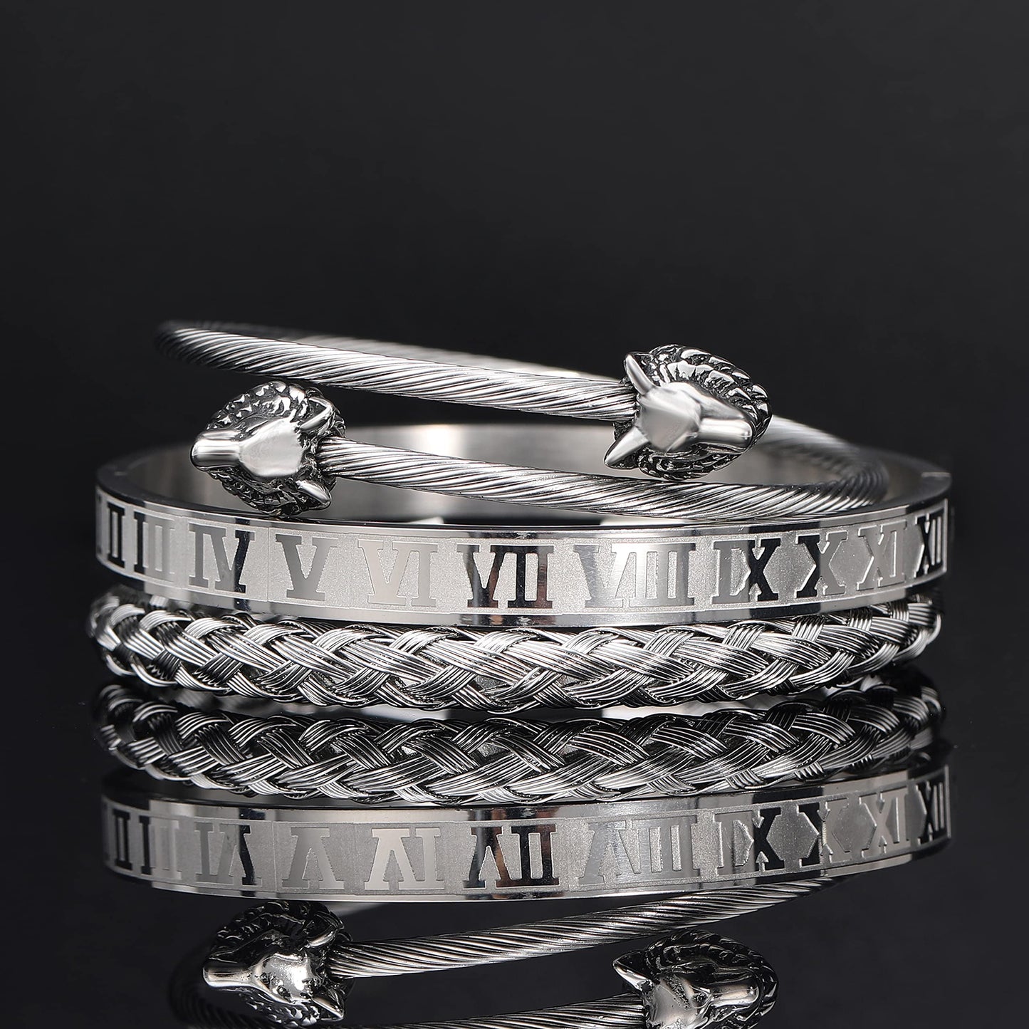 WFYOU 3PCS Stainless Steel Bracelets for Men Gold Roman Numeral Bangle Bracelet Twisted Cable Bracelet Adjustable Cuff Bracelet Mens Luxury Jewelry Bracelets Gifts(M:Silver)