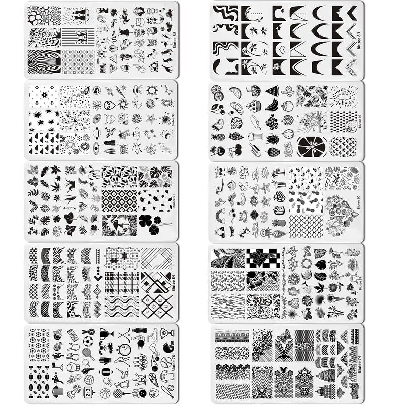 Biutee Nail Stamping Plates Set 10pcs Nail Stamper Kit 8pcs Nail Stamping Polish Gel with Stamper, Nail Art Plates Set for Women Girls DIY Salon & Home