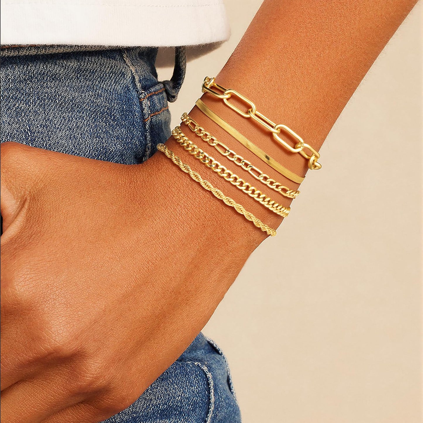 Mujahid 14K Gold Plated Bracelets for Women Waterproof, Jewelry Sets Trendy Thin Dainty Stackable Cuban Link Paperclip Chain Bracelet Pack Fashion Accessories Gifts for Womens,Hypoallergenic Jewelry