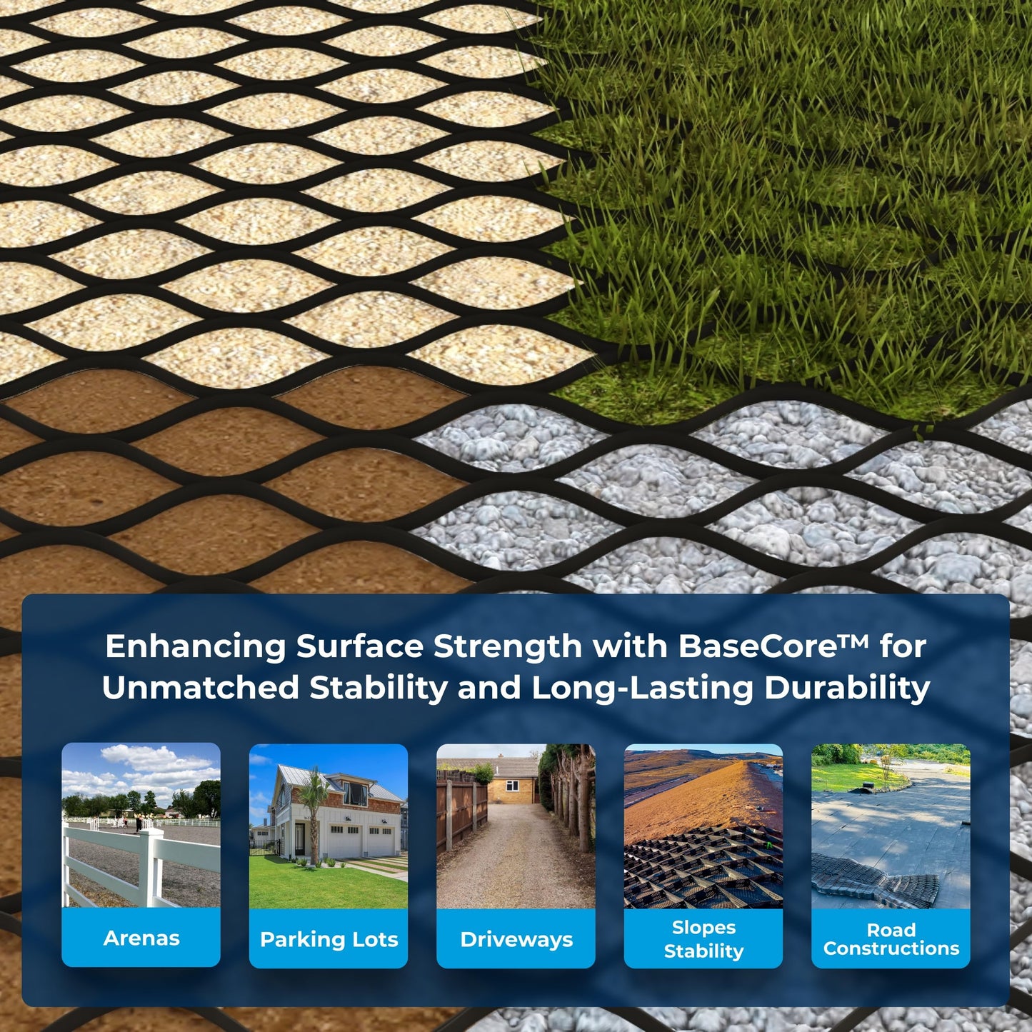BaseCore Regular 3" Geocell Ground Grid | 9.4x24 ft Commercial Grade Gravel Grid for Driveway, Parking, Slope | Heavy Duty Stabilizer Landscaping, Horse Run & Erosion Control -1 Panel 225 sq ft