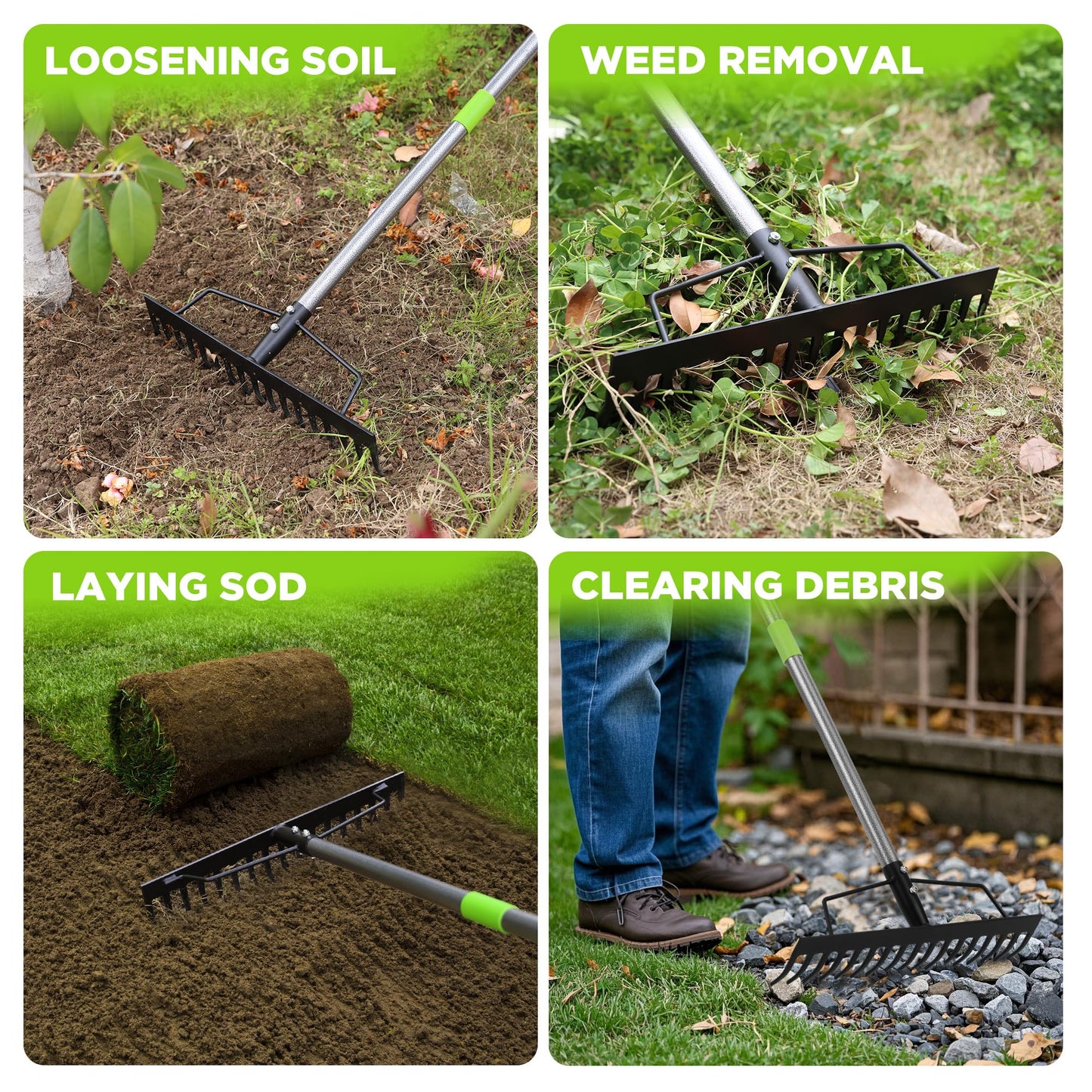 WORKPRO 65 Inch Bow Rake, 17 Tines Metal Head Rakes with High Strength Handle, Heavy Duty Garden Rake with Adjustable Handle for for Loosening Soil, Gathering Leaf, Leveling Lawn, Farming Land