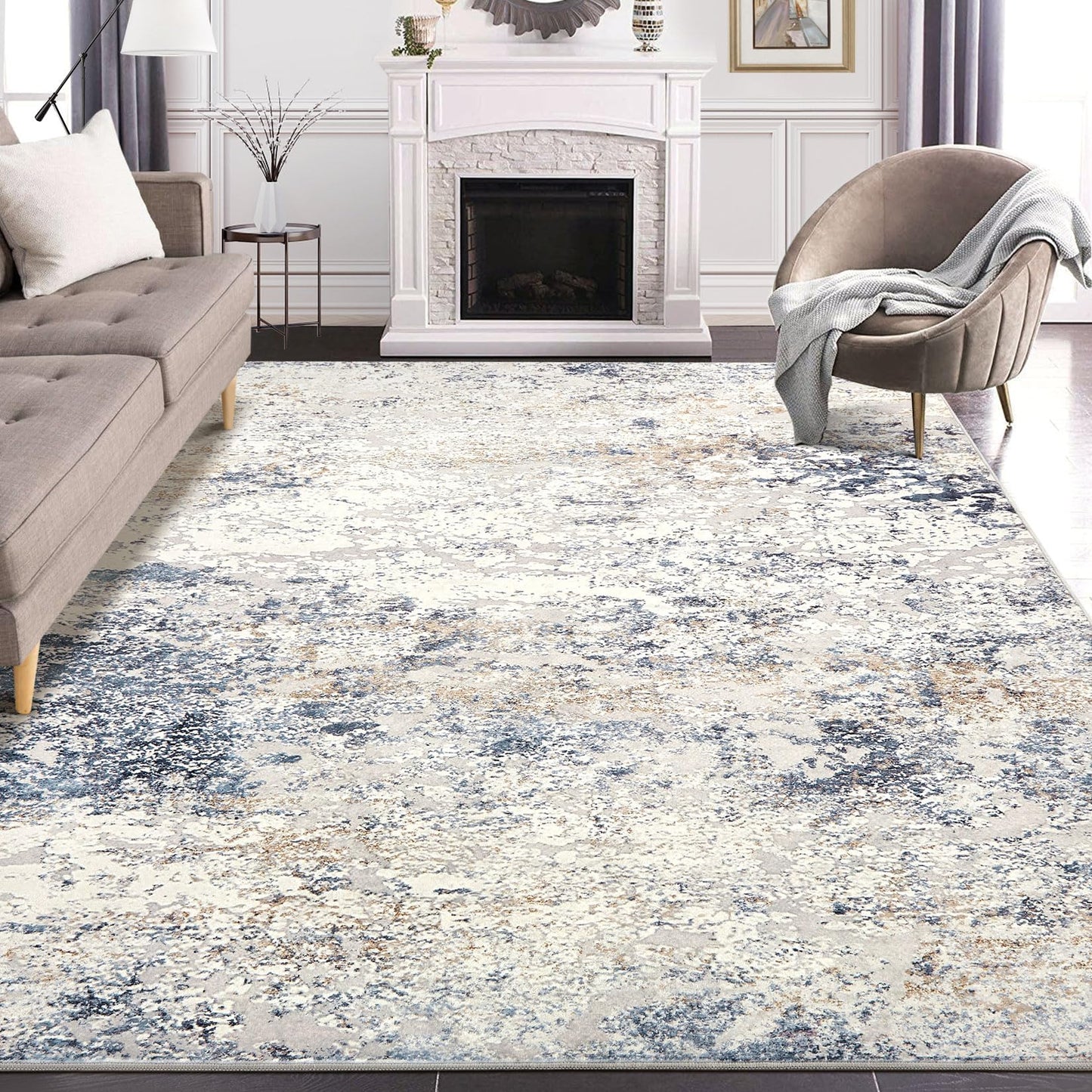 Area Rug Living Room Rugs - 9x12 Abstract Large Soft Indoor Washable Rug Neutral Modern Low Pile Carpet for Bedroom Dining Room Farmhouse Home Office - Beige Blue
