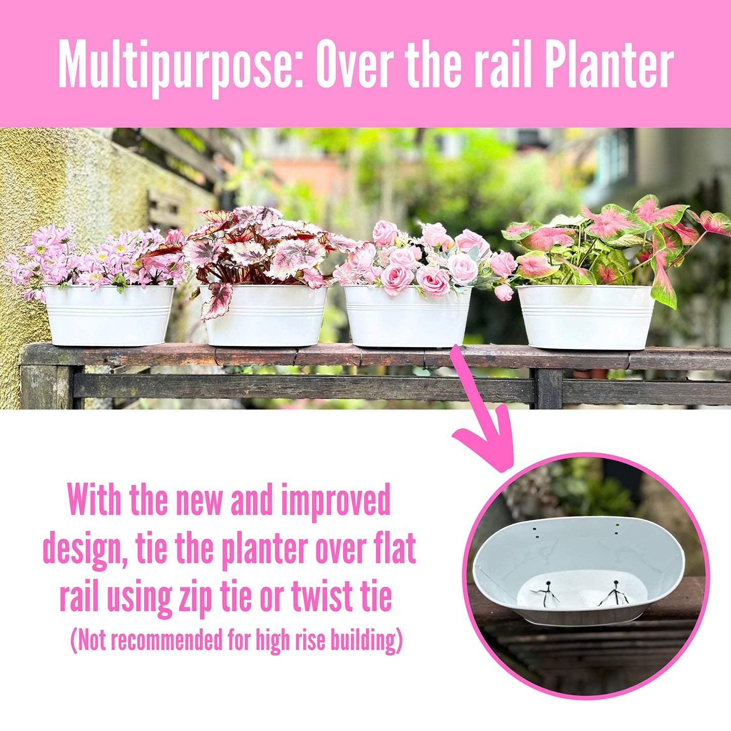 LaLaGreen Rail Planter Outdoor Plants (10 Pack, 11.8 Inch) White Metal Iron Hanging Flower Pots Deck Railings Fence Buckets Countryside Boho Style Wall Mount Window Box Plant Holder Hooks Porch Decor