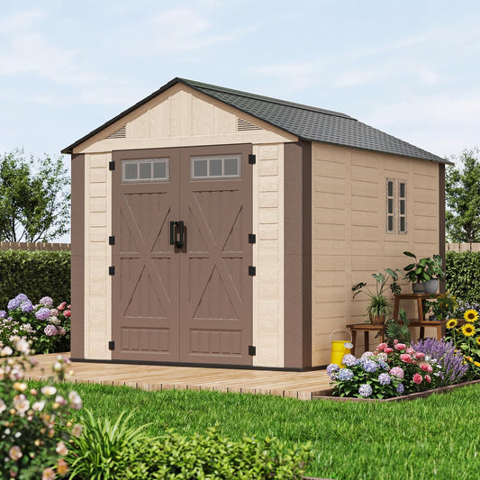 AirWire 8x10 FT Outdoor Resin Storage Shed, Plastic Shed with Floor, Door,Window &Vents, Extra Thick Outdoor Resin Shed for Patio, Backyard, Beige