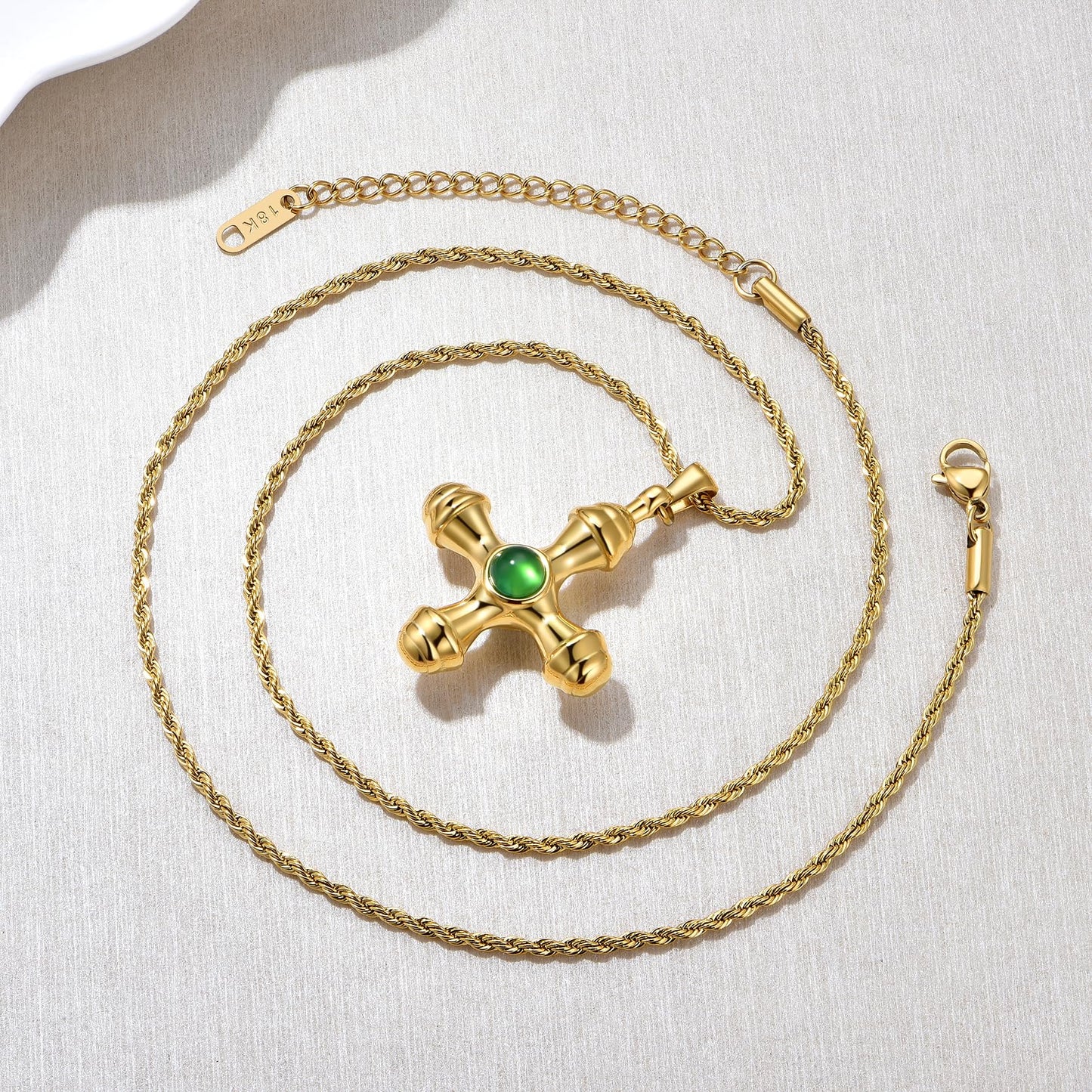 NUZON Green Agate Cross Necklace for Women 18K Gold Plated Stainless Steel Twisted Chain Gemstone Cross Pendant Necklace Layering Jewelry 19.7’’