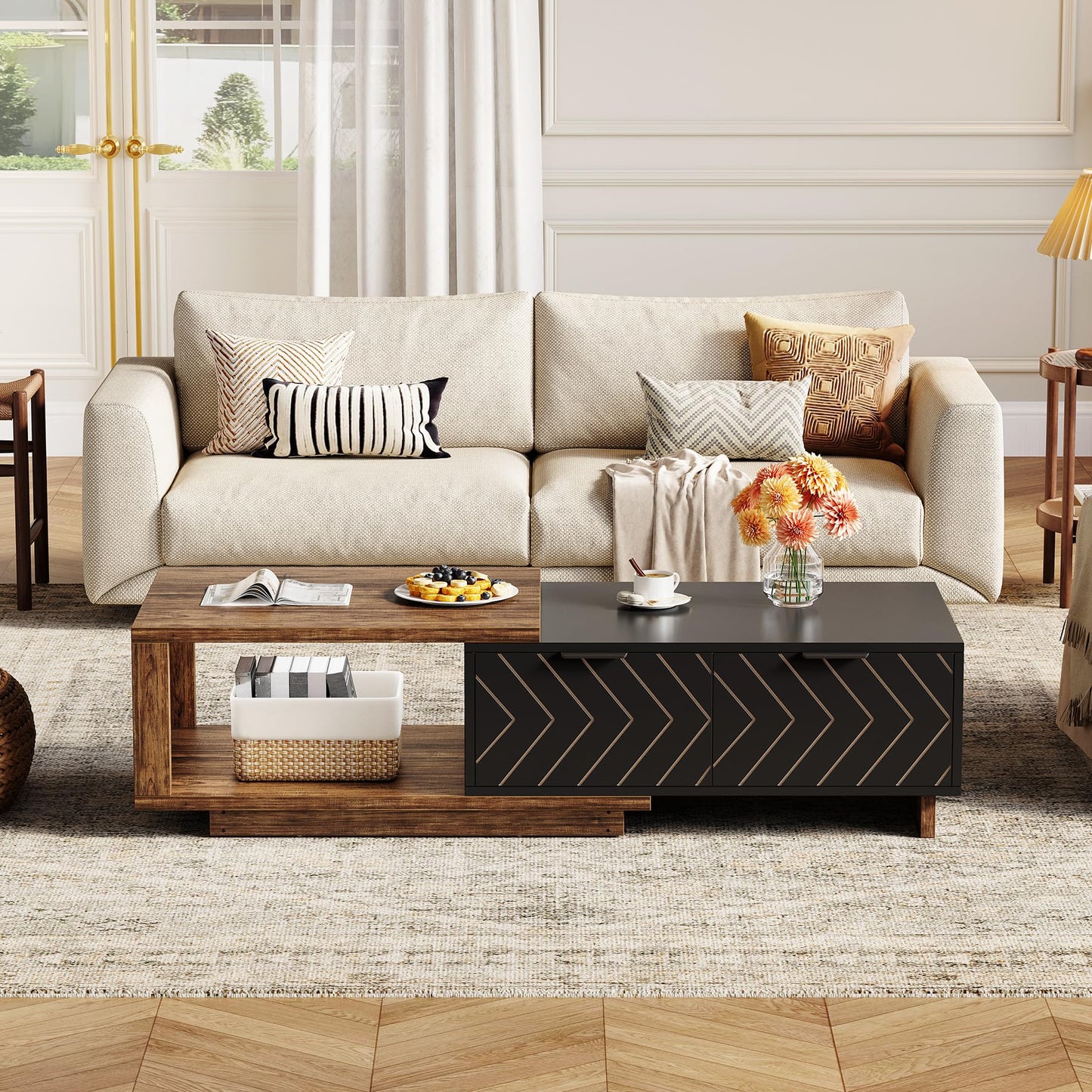 LITTLE TREE Expandable Wooden Coffee Table with 2 Drawers, Space-Saving Rectangular Farmhouse Center Table, Perfect for Living Room and Office, Brown and Black