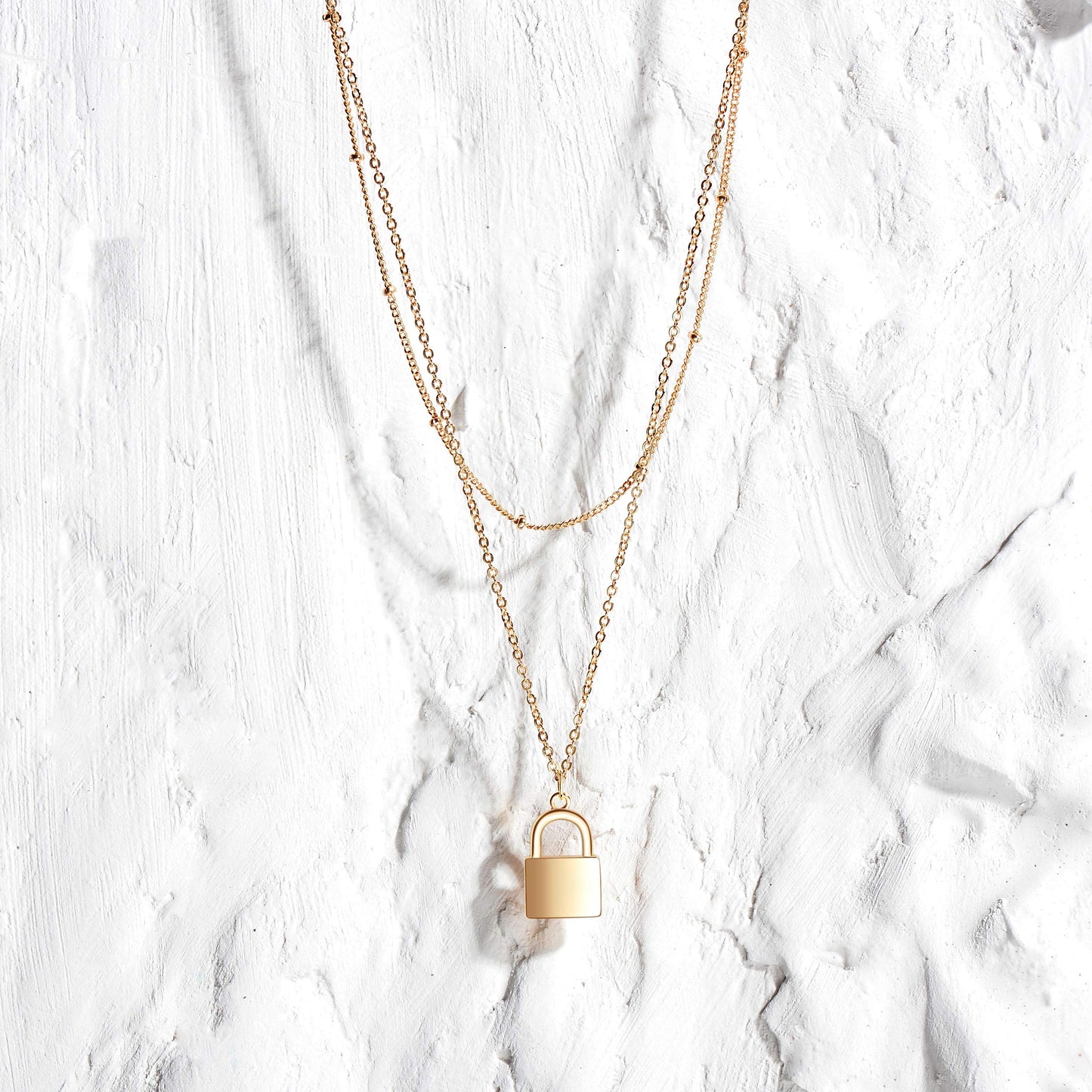 MEVECCO Gold Dainty Layer Lock Necklace,18K Gold Plated Cute Delicate Tiny Layered Bead Chain Necklace,Trendy Minimalist Necklace for Women