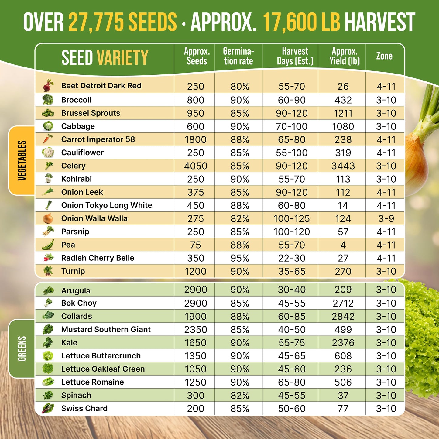 Organo Republic 25 Winter Vegetable & Green Seeds Variety Pack for Outdoors & Indoor Home Gardening 27670+ Non-GMO Heirloom Seeds: Broccoli Beet Carrot Collard Lettuce Radish Spinach Pea Kohlrabi