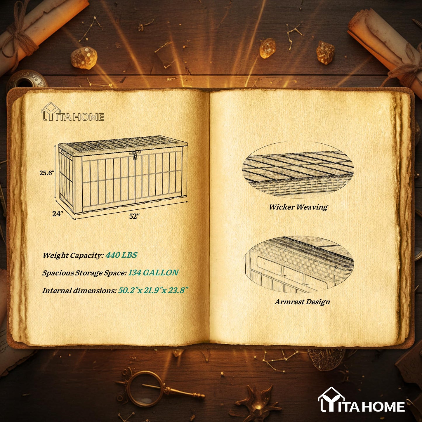 YITAHOME 134 Gallon Large Deck Box, Waterproof Resin Outdoor Storage Box with Lock, Doubles as 2-Person Bench Seating for Patio Furniture Cushions,Garden Tools & Pool Accessories, Dark Brown