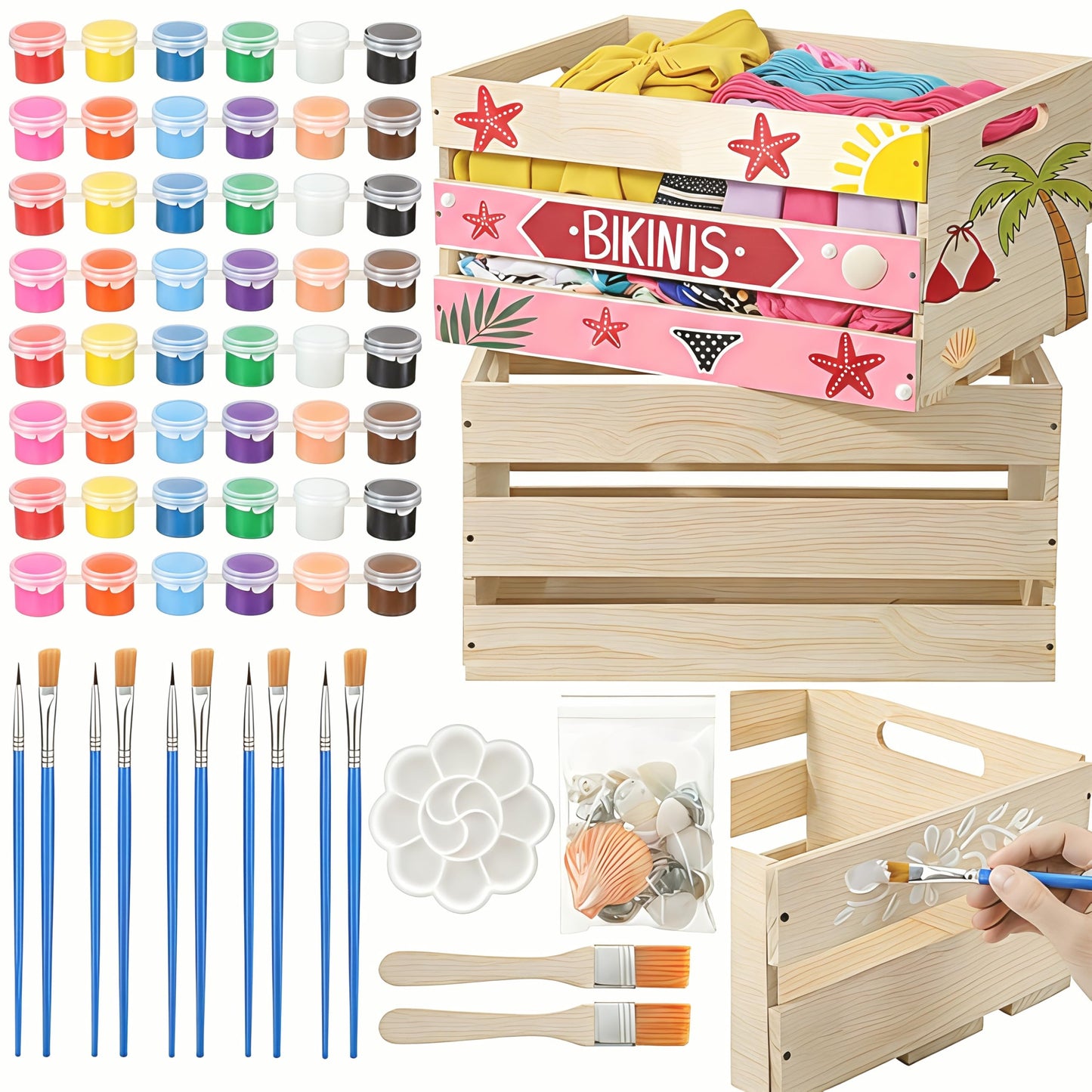 BreezeHug 2 Pack DIY Bikini Box Kit 16.1x11.8x9.4 Inch Unfinished Wooden Crate with 4 Sets of 12 Color Paint 2 Brushes 1 Palette 1 Pack for Custom Beach Themed Crafts Organization