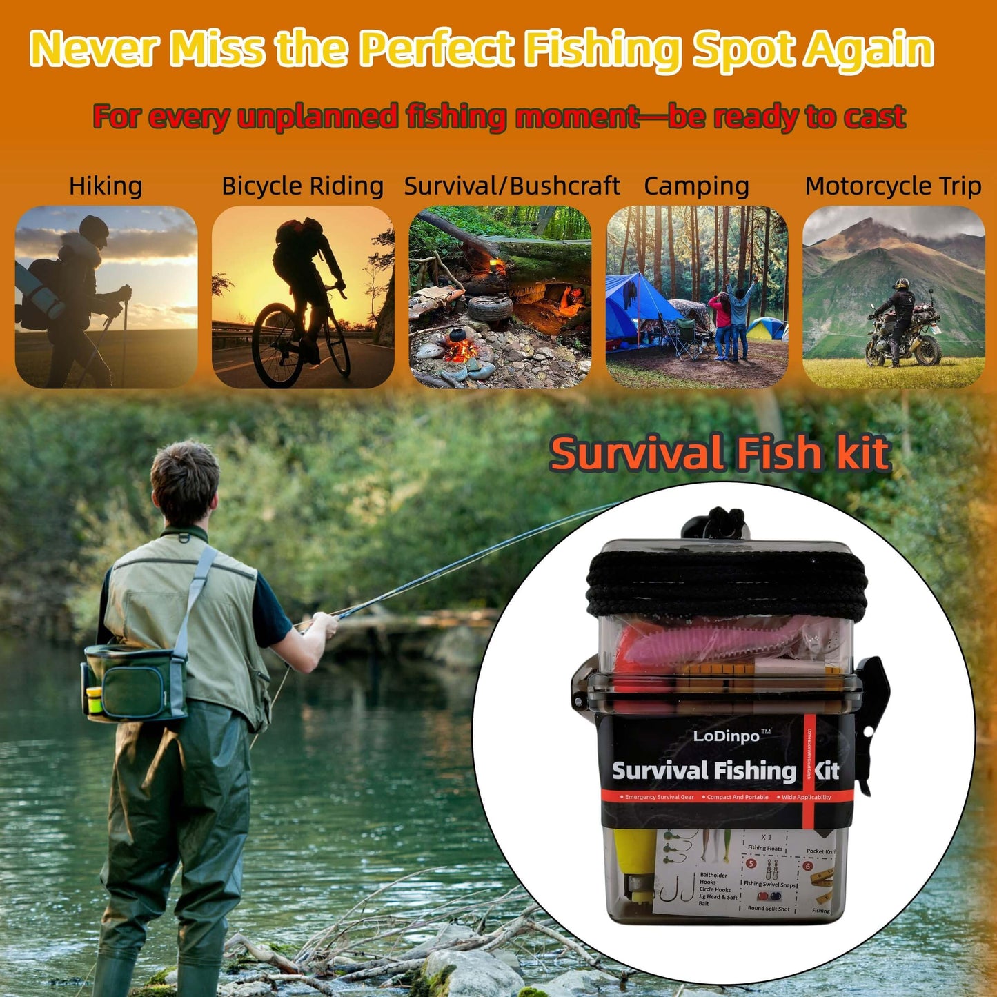 LoDinpo Mini Survival Fishing Kit, Compact Emergency Fishing Gear Box, Pocket Fishing Tackle Set for Travel & Outdoor Use Grey
