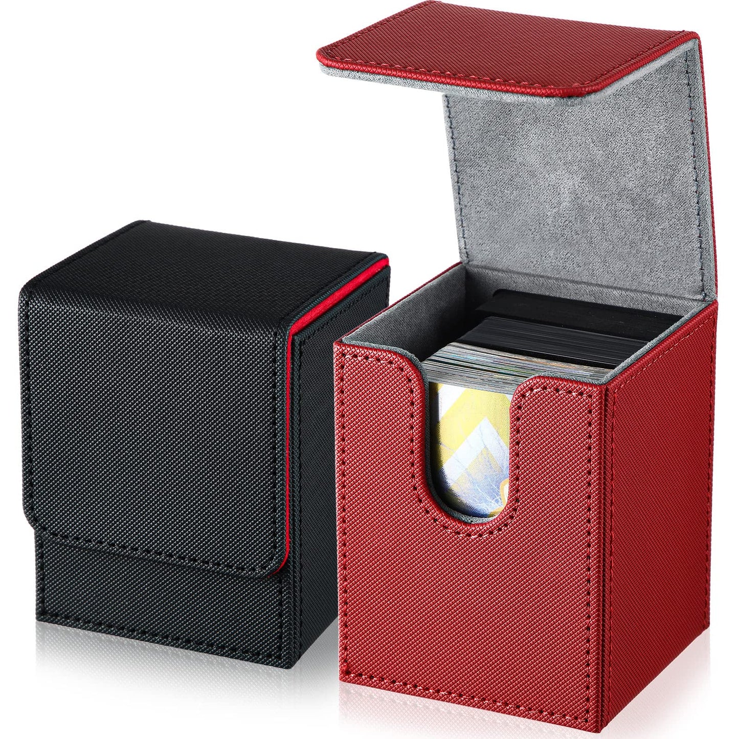 Weewooday 2 Boxes Leather Deck Card Boxes Large Size Fit 100 Plus Sleeved Cards Deck Game for Collectible Playing Compatible with Mtg Tcg(Vertical,Black Red, Red)