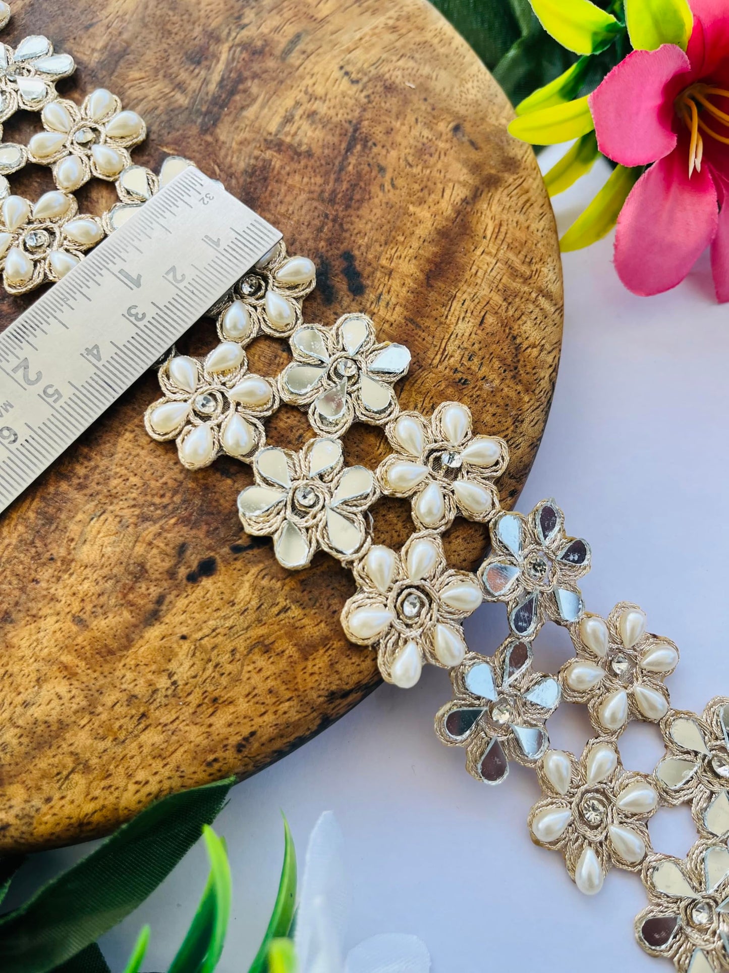 PIYUCRAFTS 1.5 Inch Mirror Pearls Flower Design Trim – Available in 1, 3, 6 Yards – Decorative Lace Border for Sarees, Dresses, DIY Crafts, Wedding Decor, Home Embellishment (1)