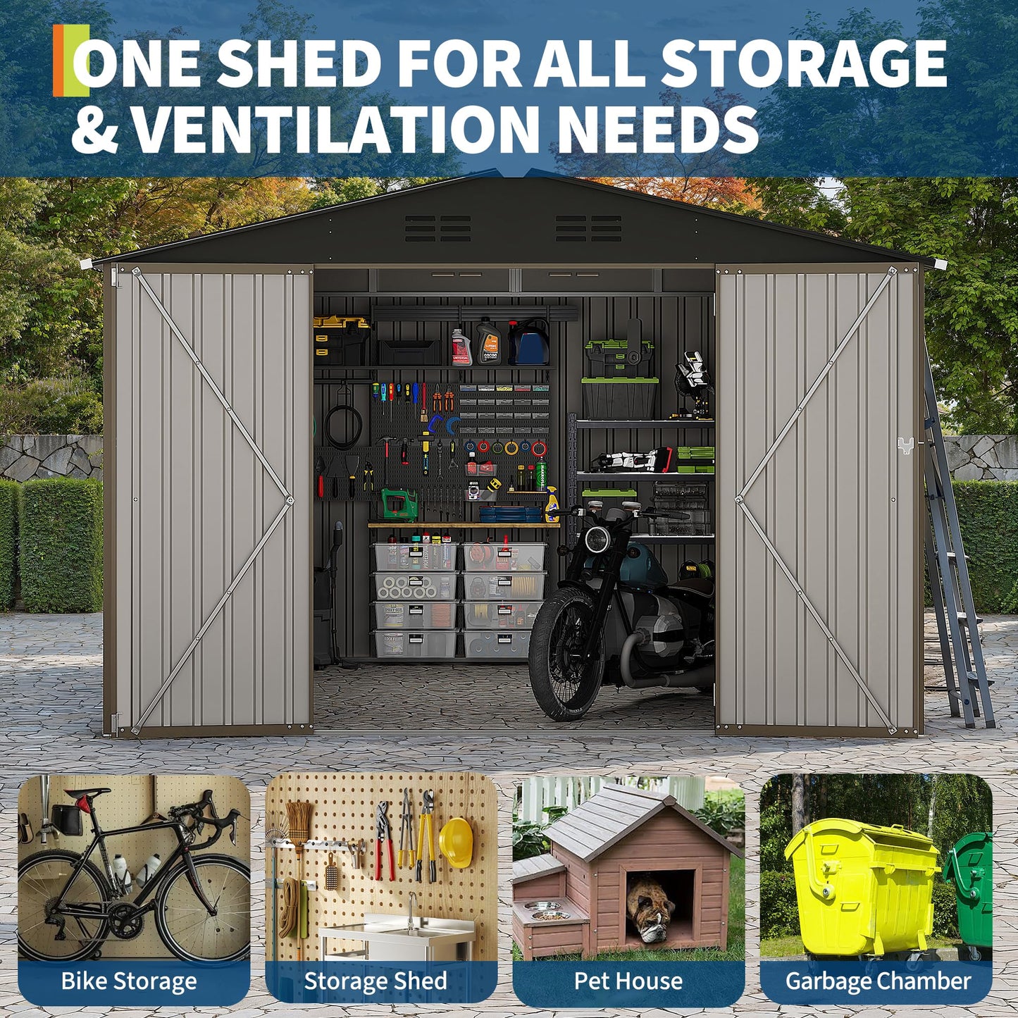 10 x 10 FT Outdoor Storage Shed,Metal Garden Sheds&Outdoor Storage Clearance, Large Tool Shed Outdoor with Single Lockable Door,Ideal Storage House for Backyard Garden Patio Lawn