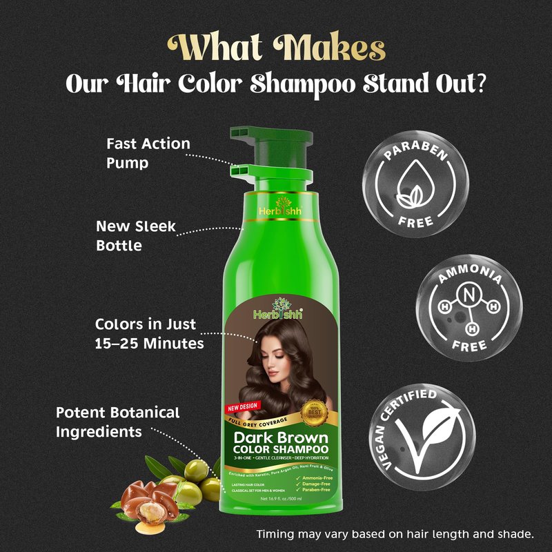 Herbishh Hair Color Shampoo for Gray Hair 500ml Dark Brown + Essential Care Flower Hair Oil for Dry Damaged Hair & Growth 60ml