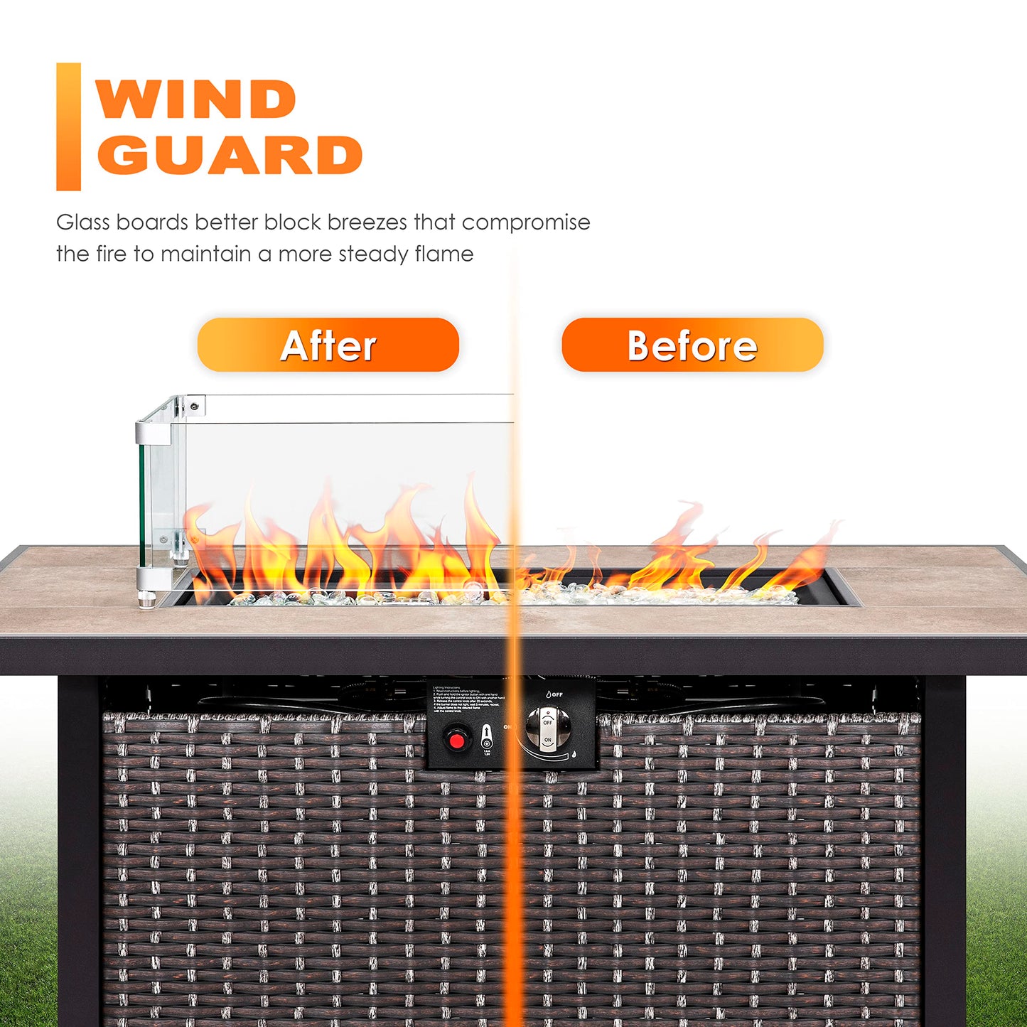 Nuu Garden Outdoor 43" 50,000 BTU Propane Gas Fire Pit Table, Ceramic Tabletop and Rattan Weaved Iron Frame, Water-Proof Oxford Cover, Glass Wind Guard, Glass Beads, Lid Included, Dark Brown & Coffee