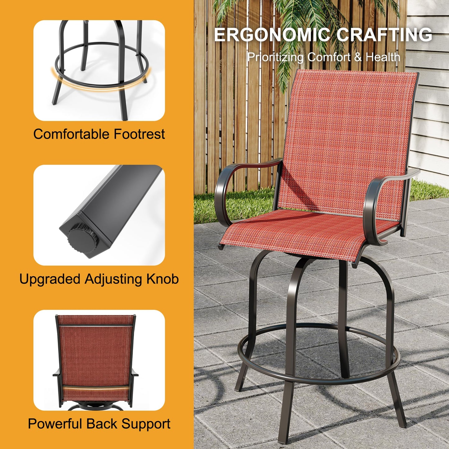 Outdoor Swivel Bar Stools Set of 2, Bar Height Patio Chairs with High Back & Armrest, All-Weather Textilene Fabric 360° Swivel Tall Barstools for Patio, Deck, Backyard, Garden