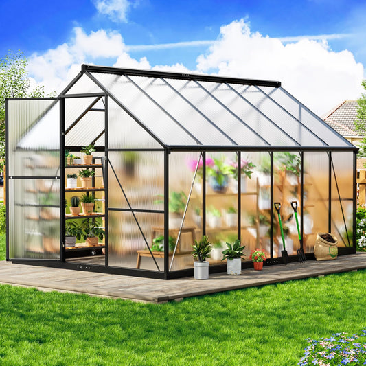 AirWire 8×12 FT Greenhouse for Outdoors, Quick Setup Polycarbonate Greenhouse with Roof Vent, Walk in Green Houses for Outside for Outdoor Garden Backyard, Black