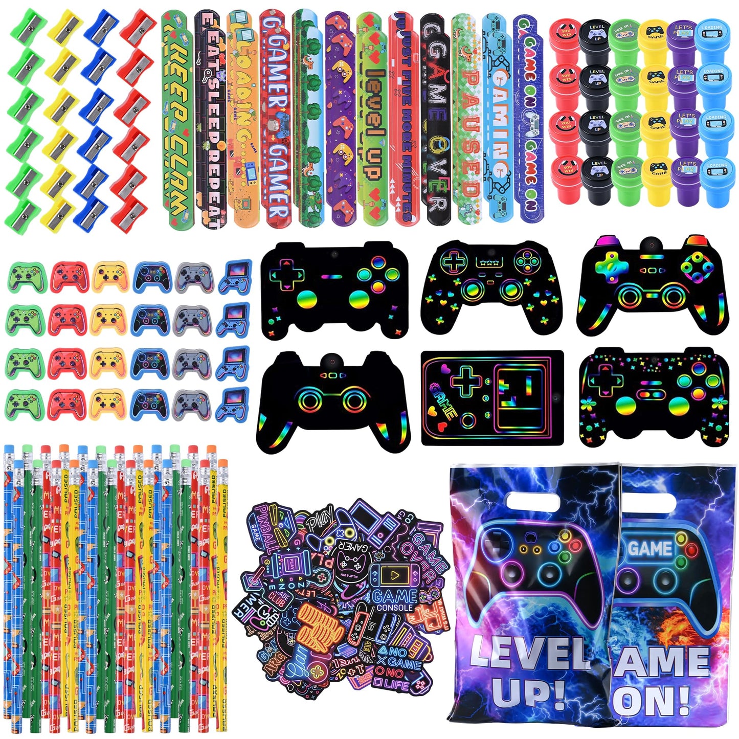 Ulema 218 Pcs Video Game Party Favors With Video Game Pencils Pencil Sharpener Slap Bracelets Stickers and Erasers for Video Game Gamer Birthday Party Supplies