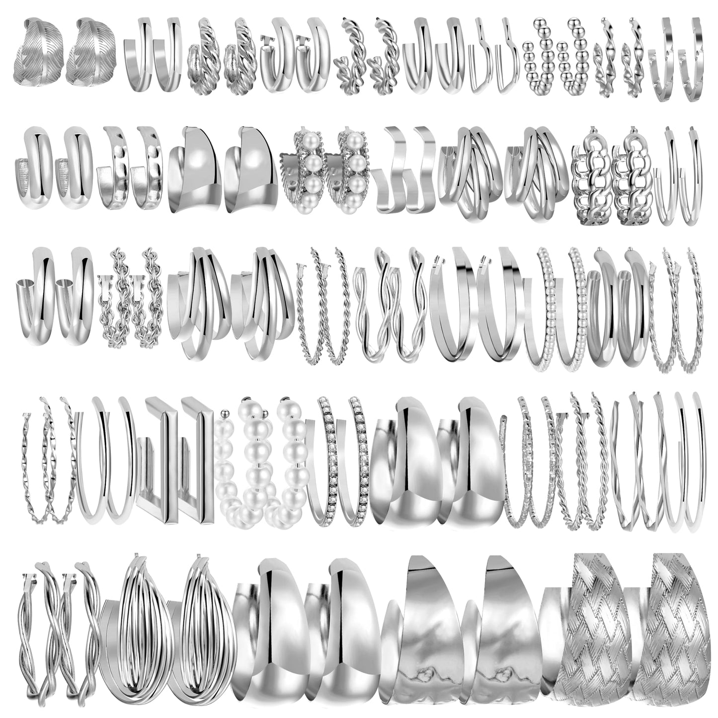 36 Pairs Gold Hoop Earrings Set for Women Multipack, Hypoallergenic Chunky Chain Twisted Hoop Earrings Pack, Fashion Dangle Earrings Jewelry for Gift (D-42Pcs Silver)