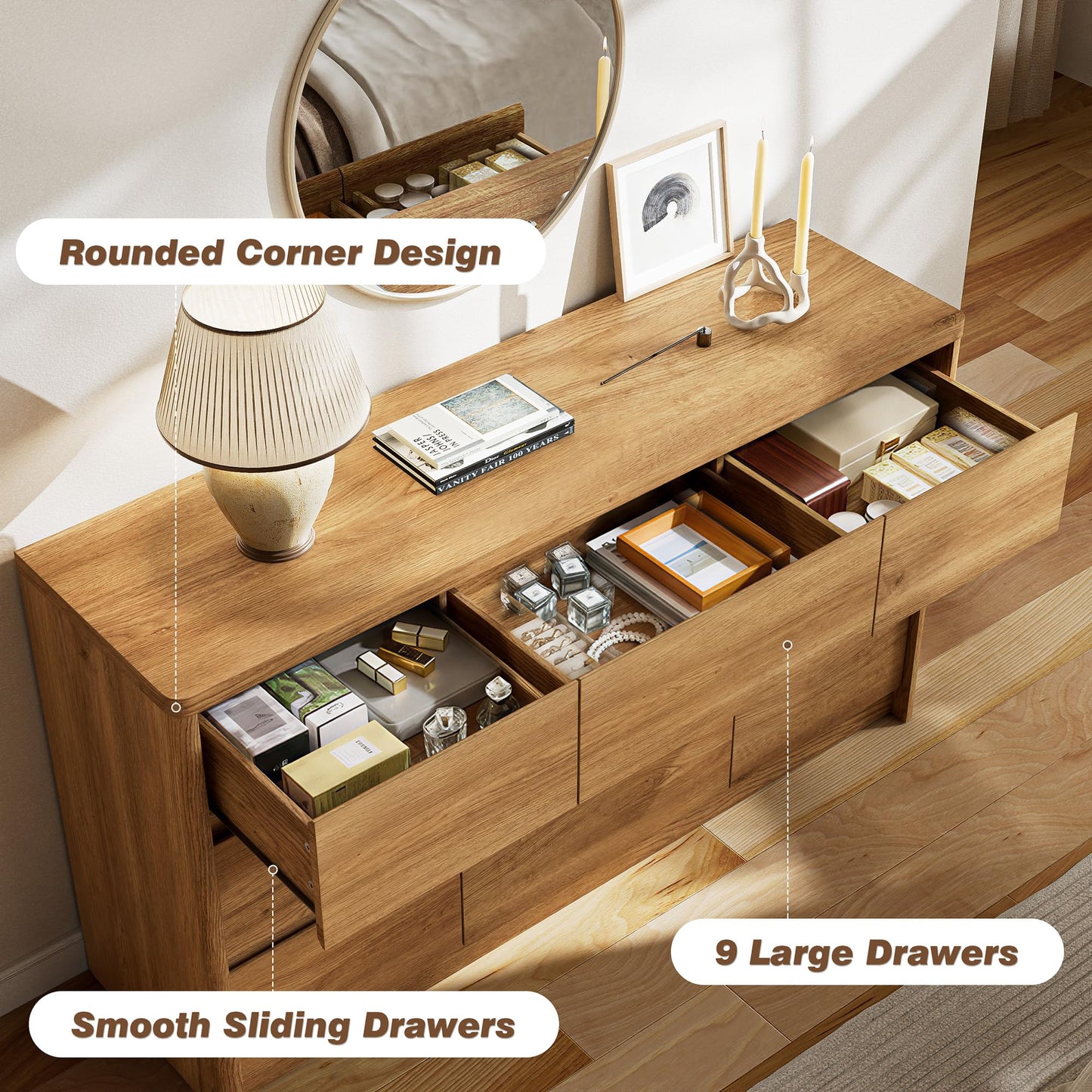 Now Mais 9 Drawer Dresser for Bedroom, Curved Edge Design Modern Dressers & Chest of Drawers, 55" Wide Nursery Dresser,9 Drawer Large Dresser for Bedroom Natural Oak