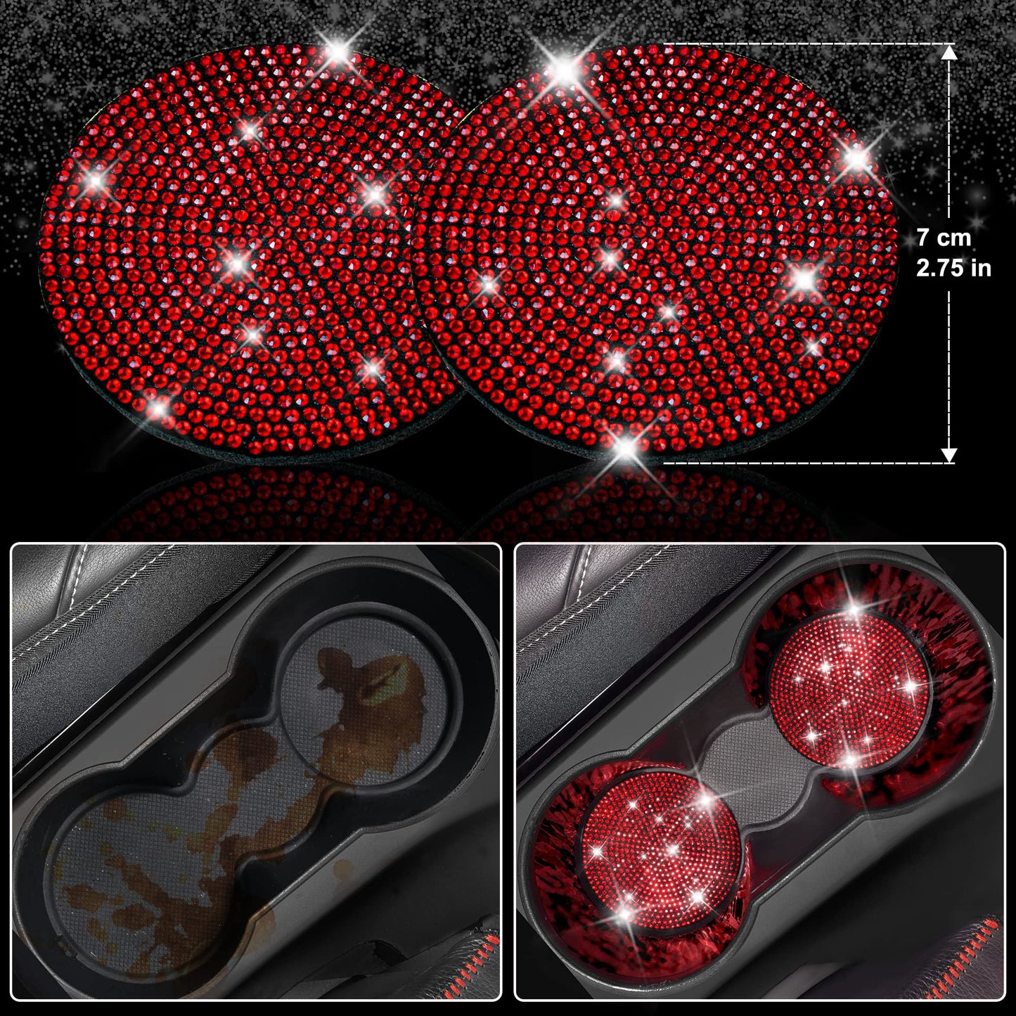CAR PASS 11 PCS Bling Diamond Car Mats Set for Women Girls, Sparkly Rhinestone Steering Wheel Cover, Waterproof Floor Mats Universal Fit for SUV,Vans,Sedans,Trucks Anti-Slip, Interior Sets Black Red