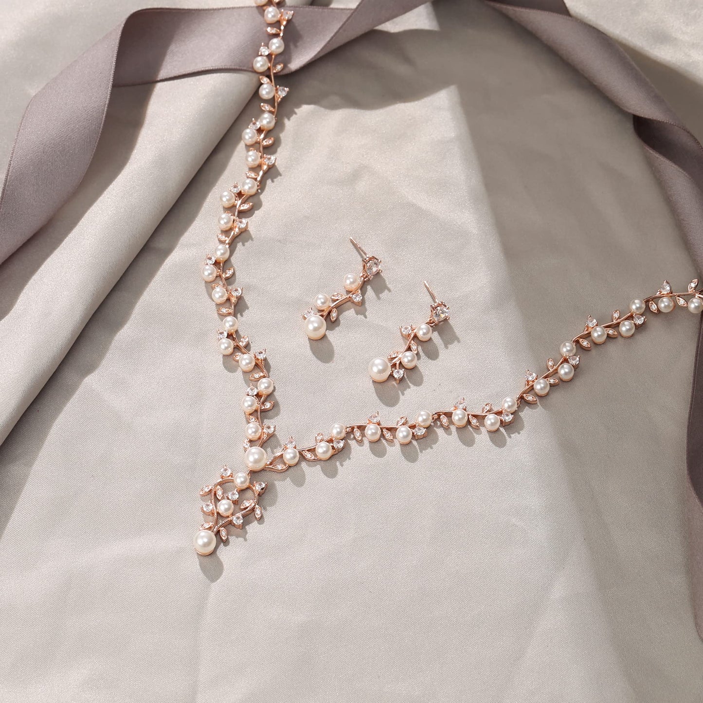 EVER FAITH Bridal Jewelry Sets for Women, White Cubic Zirconia Simulated Pearl Leaf Vine Wedding Bride Necklace Earrings Set Clear Rose Gold-Plated-Brass