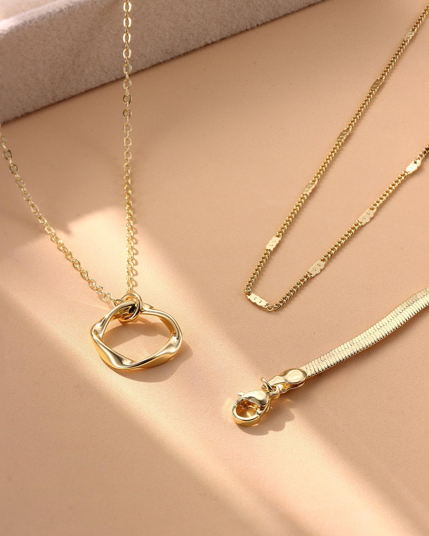TEN MIRO Layered Gold Plated Necklaces for Women Non Tarnish, Dainty 16k Gold Plated Necklace Stack Stackable Necklace for Women Layering Chain Circle Pendant Herringbone Imitation Pearl Choker Necklaces