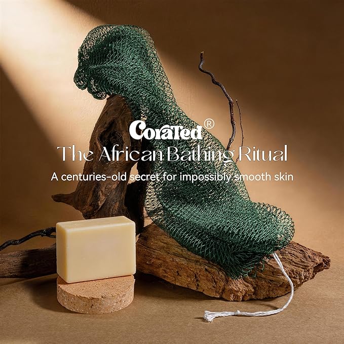CORATED African Net Sponge Authentic, Shower Net with Knots Loofah Exfoliating Bath Sponge, Body Scrubber for Women Daily Use Body Care, Travel Portable Bath Accessories for Bathroom (Black & Grey)