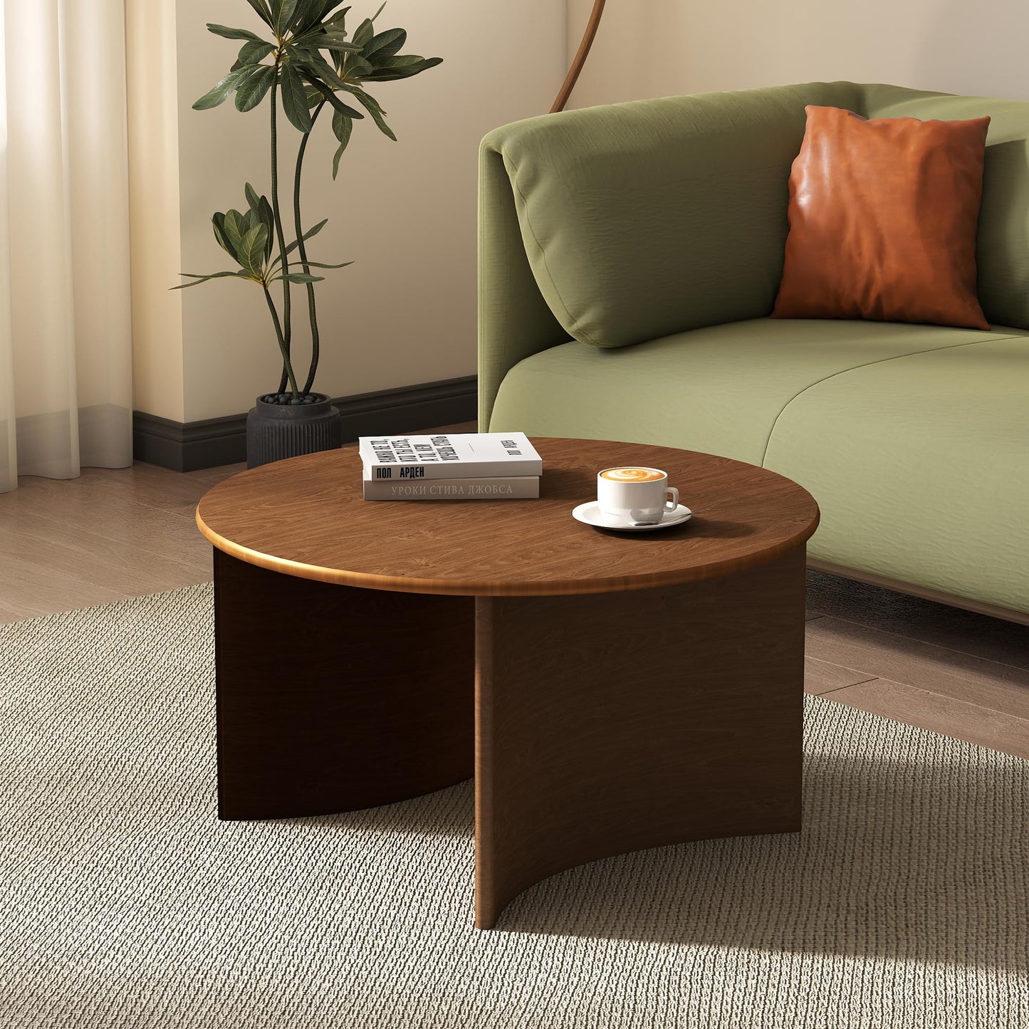 31.5" Mid Century Modern Coffee Table for Living Room, Round Table with Rubber Legs, Small Unique Cocktail Tea Table for Living Room Bedroom Apartment Small Space, Walnut