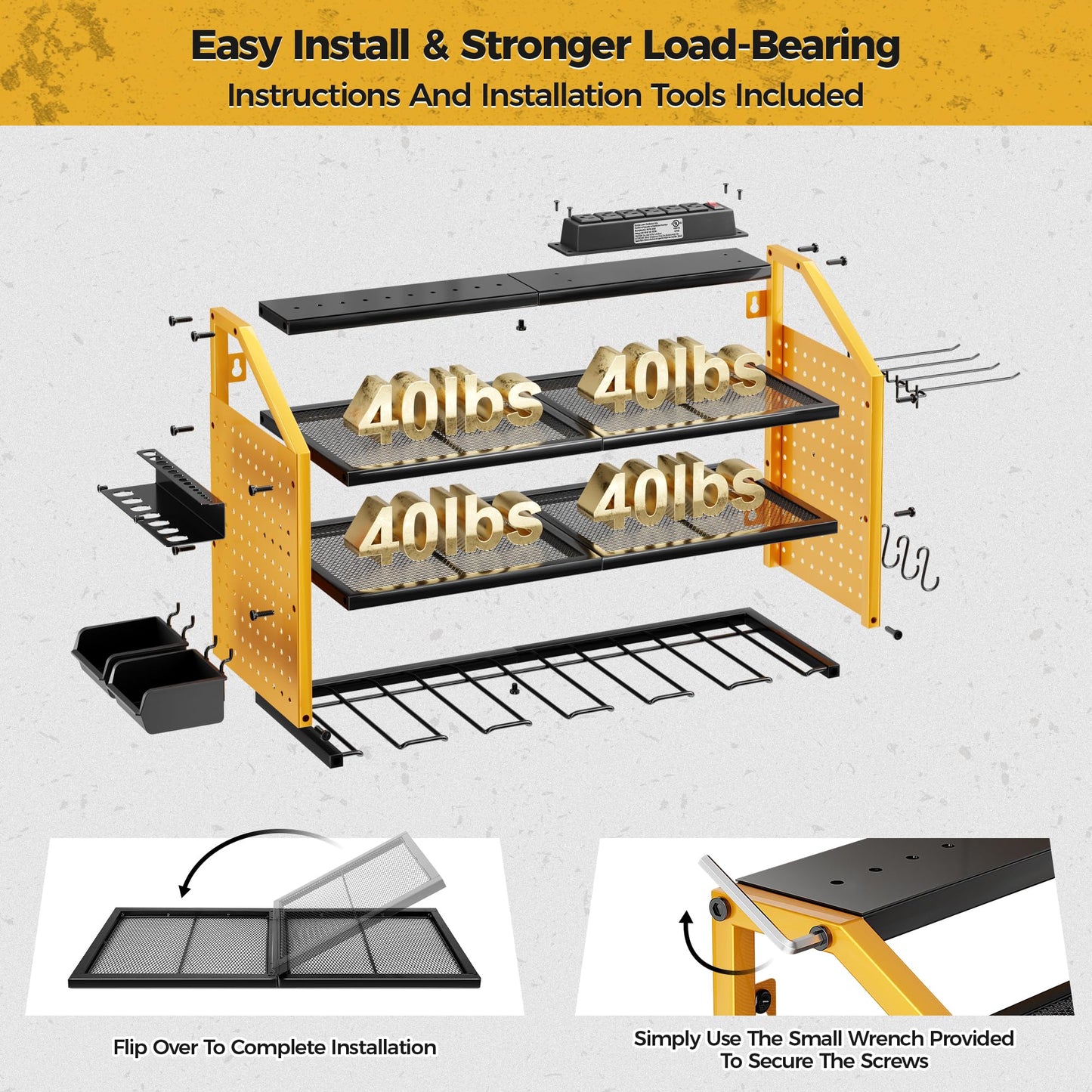 LBT Power Tool Organizer With Charging Station,Patented,Heavy Duty Steel,6 Drilling Rig Sizes With Hooks And Screw Boxes,6 sockets,Easy To Install Garage Storage Rack,Great Gift For Men, Yellow