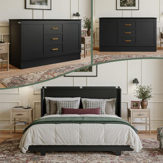 AFI, Charleston Queen Wood Murphy Bed Chest with 6" Mattress, Black