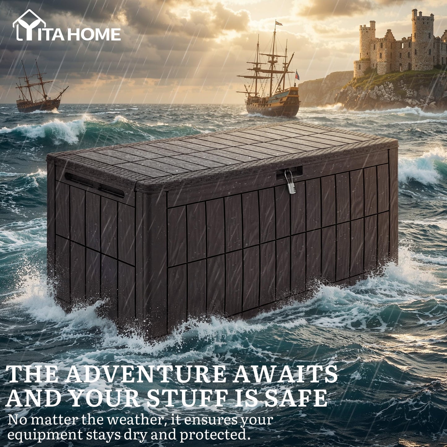 YITAHOME 110 Gallon Outdoor Deck Box, Waterproof Resin Storage Box with Lock, Lockable Patio Furniture Bin, 2-Person Bench Seating for Outdoor Cushions, Garden Tools & Sports/Pool Supplies, Dark Brown