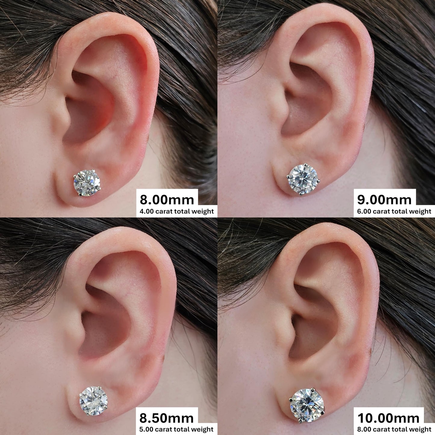 Central Diamond Center 14K Solid Gold Post & Sterling Silver 4 Prong CZ Stud Earrings - Platinum Plated - 9.00mm - 6.00cttw