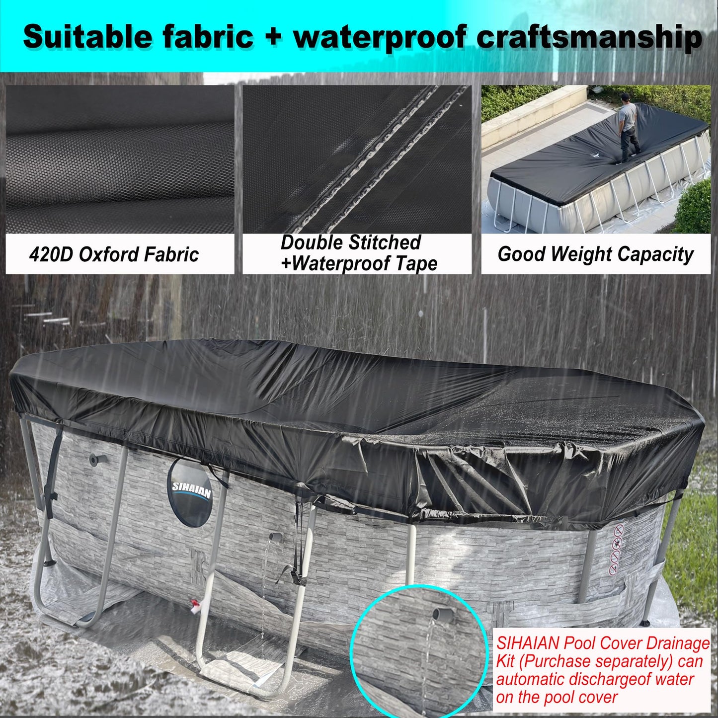 SIHAIAN 10x16Ft Oval Pool Cover with Side Storage for Oval and Rectangular Above Ground Pool, One-Piece Pool Cover, Preventing Waterlogging, UV and Weather Resistant WP:10000kPa+