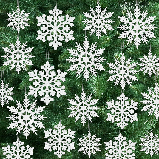 24PCS Snowflake Ornaments, Christmas White Snowflakes Tree Decorations, Plastic Glitter Snow Flakes Decorating Hanging, Xmas Tree Ornaments Indoor Ceiling Fireplace Winter Wonderland Decor