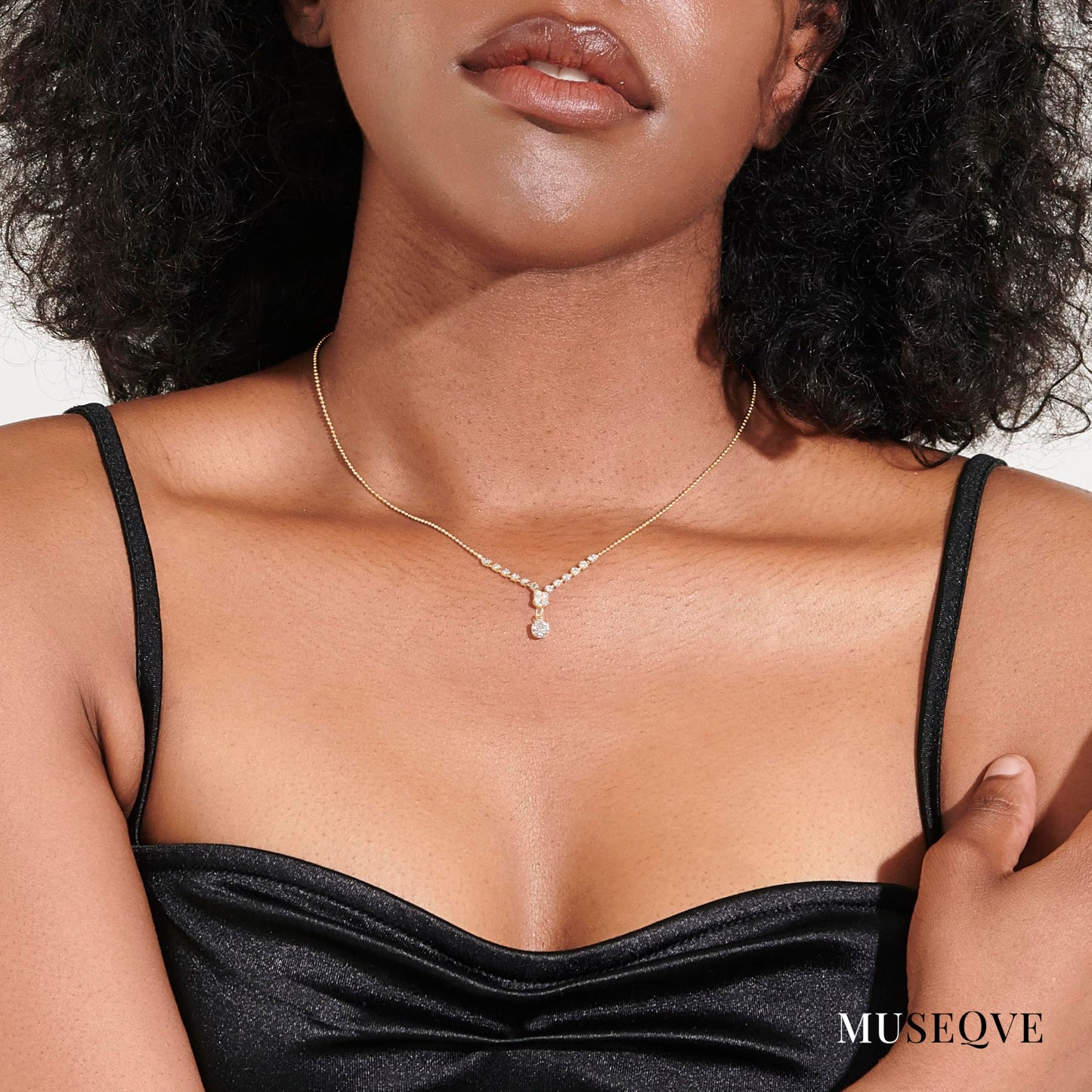MUSEQVE 14K Gold Plated CZ Drop Solitaire Necklace for Women • Y Shaped Lariat Necklace Round Cubic Zirconia Diamond Pendant Jewelry •Non Tarnish Adjustable Chain [CZN-Y-G]