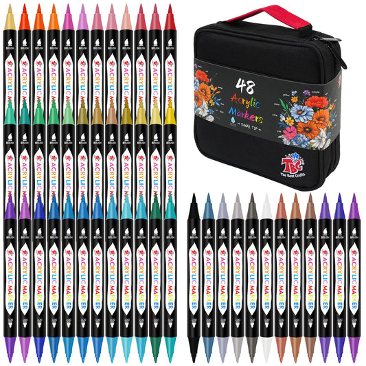 Acrylic Paint Markers for Adults, 48 Colors Dual Tip, Double zipper design Topgrade Canvas bag– Waterproof, Non-Toxic, for Canvas, Wood, Glass, Rock, Ceramic, Ideal Birthday Crafts Gift for Teens