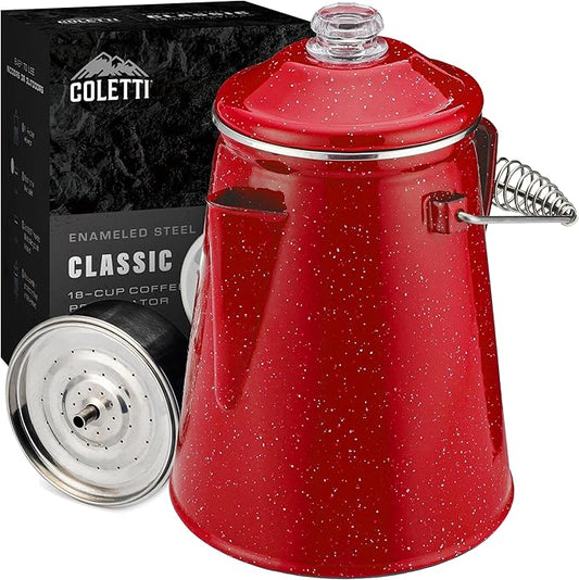 COLETTI Classic Percolator Coffee Pot — The Most Nostalgic Camping Coffee Pot, Now Modernized [Red Enamel, 18 Cup]