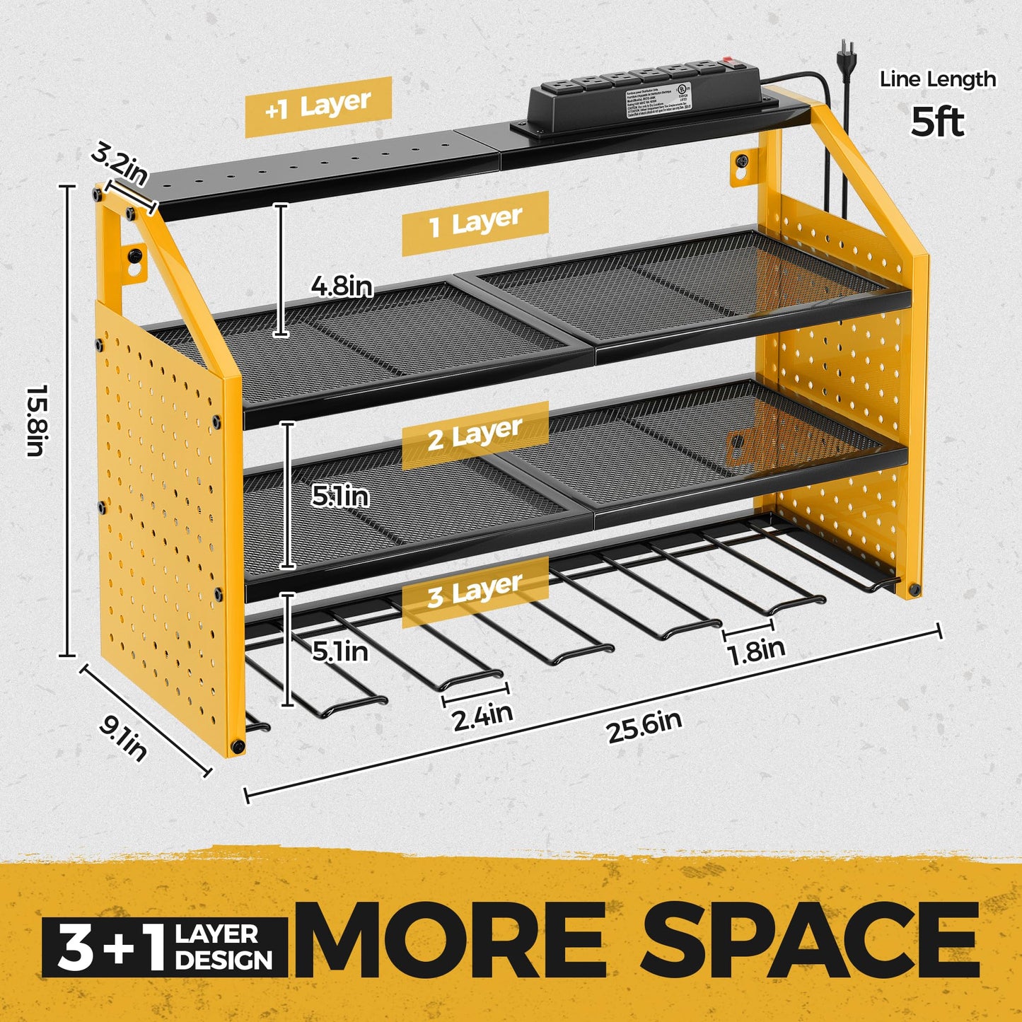 LBT Power Tool Organizer With Charging Station,Patented,Heavy Duty Steel,6 Drilling Rig Sizes With Hooks And Screw Boxes,6 sockets,Easy To Install Garage Storage Rack,Great Gift For Men, Yellow