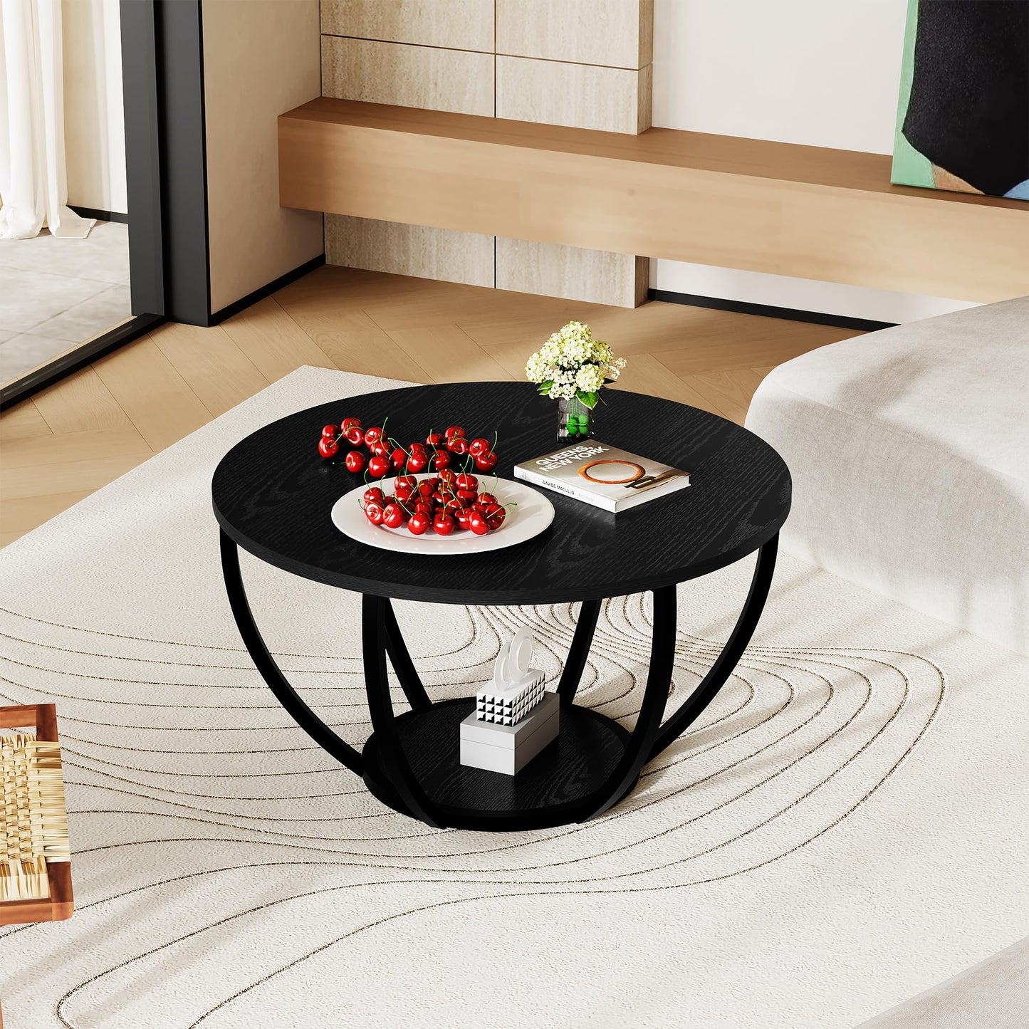 HOMERECOMMEND Round Coffee Table,Wooden 2-Tier Circle Coffee Tables with Storage Shelves,Accent Center Table for Living Room, Sofa Table for Home Office, Black