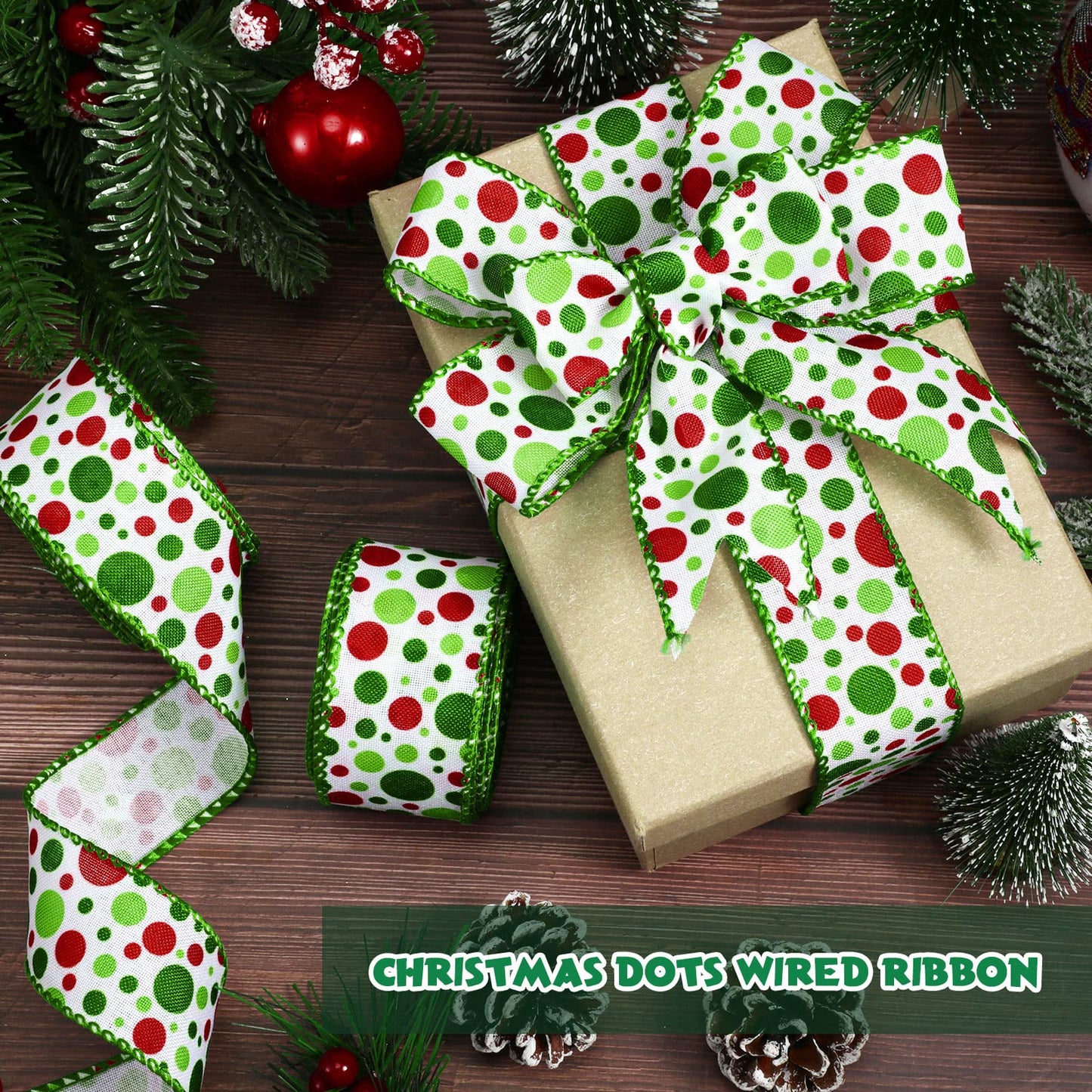 Hanaive 20 Yards Christmas Polka Dot Ribbon Xmas Wired Ribbon Christmas Tree Ribbons Decoration Green Red Polka Dot Printed Ribbons DIY Decorative for Wreaths Gifts Wrapping(2 Inch)