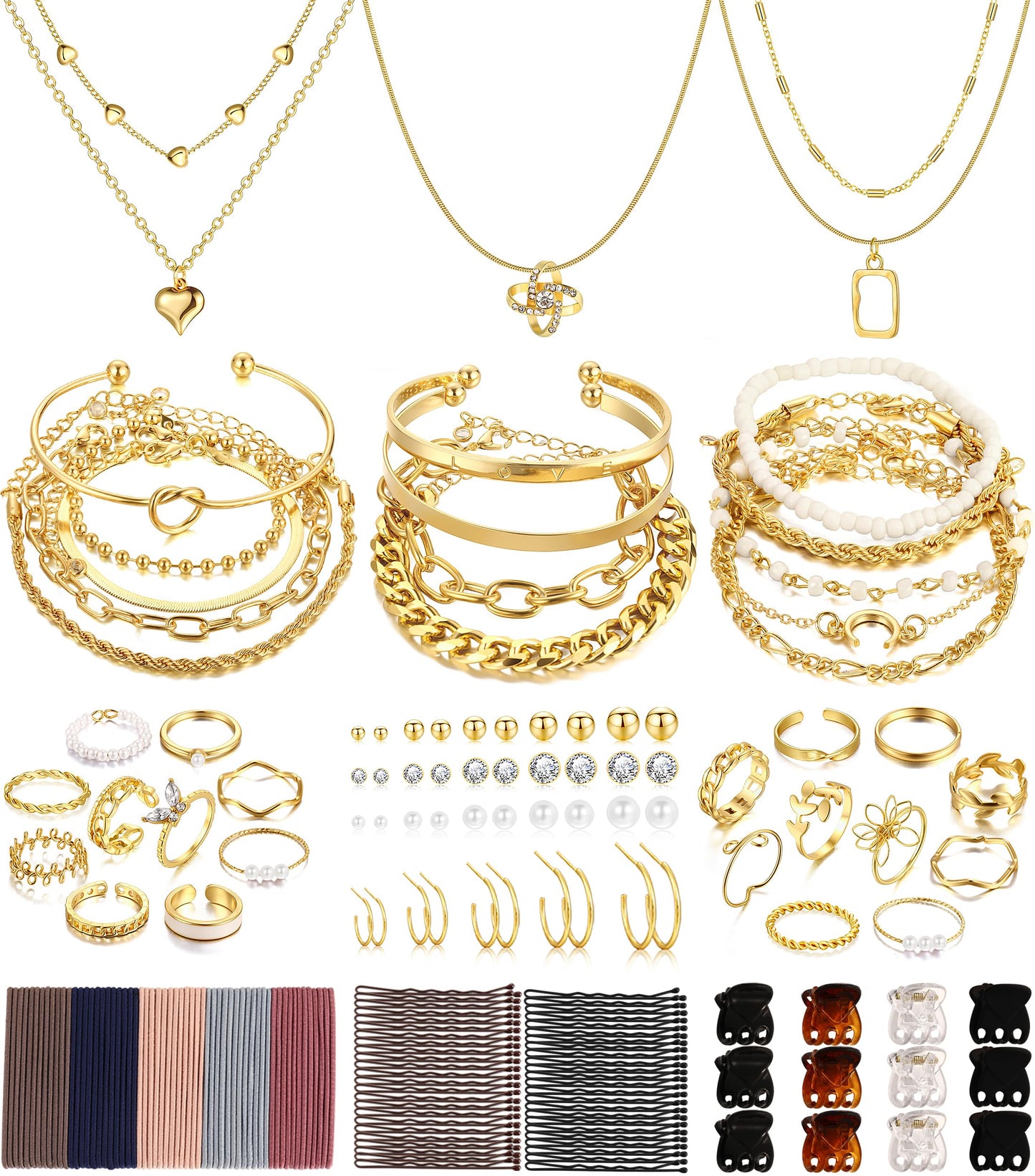 FAXHION 68 Pcs Gold Jewelry Set for Women with 7 Necklace, 17 Bracelet, 5 Hoop Earrings, 15 Stud Earrings, 24 Knuckle Rings for Women Jewelry Set for Women