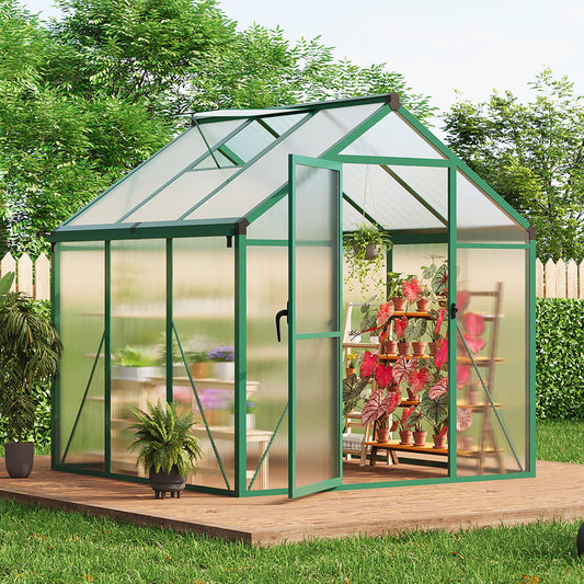 6X6 Ft Polycarbonate Greenhouse Sunroom with Aluminum Frame, Outdoor Greenhouse for Vegetables Herbs Flowers, Lockable Door & Adjustable Roof Vent, Patio Backyard Greenhouse Kit for Gardening, Green