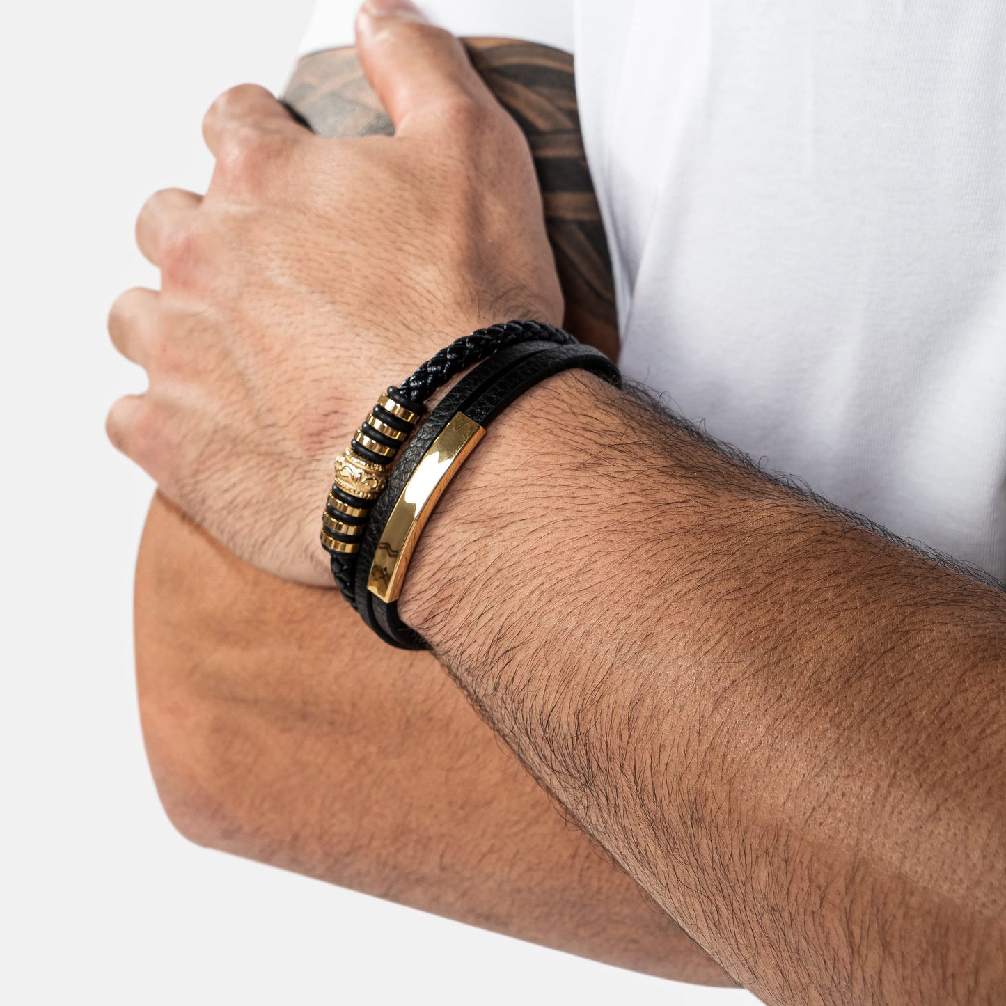 SERASAR Mens Bracelets Leather and Steel Gold Men Bracelet Cowhide Gift Box Braided Stainless Jewelry Wrist Band Cuff Wrap Rope Bangle Dad Man Pulseras para Hombres Cuero Regalo