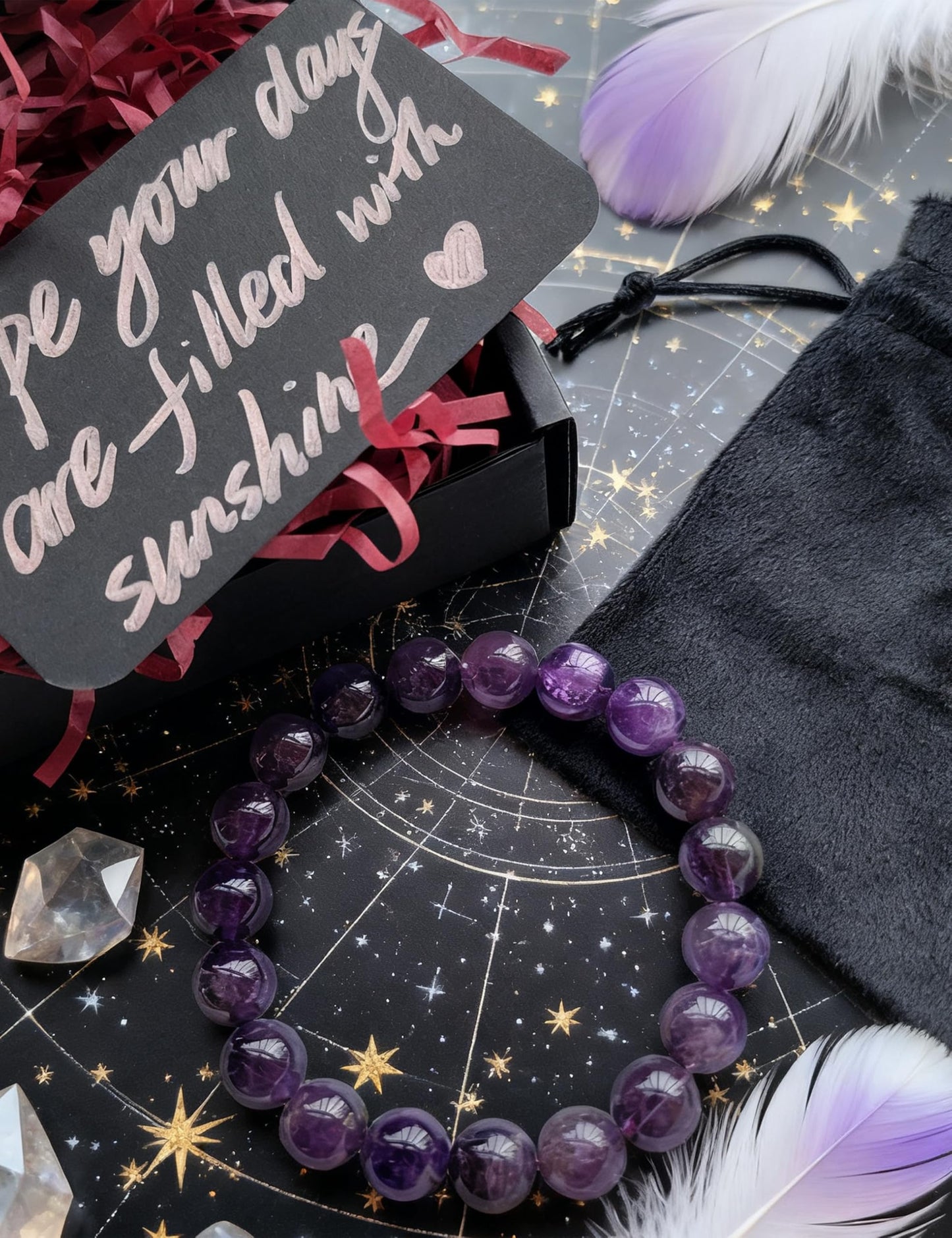 Silan's Natural Amethyst Bracelet for Women, Genuine Healing Crystal Stretch Elastic Adjustable Bracelet with Lucky Card, Gift for Her (10mm)