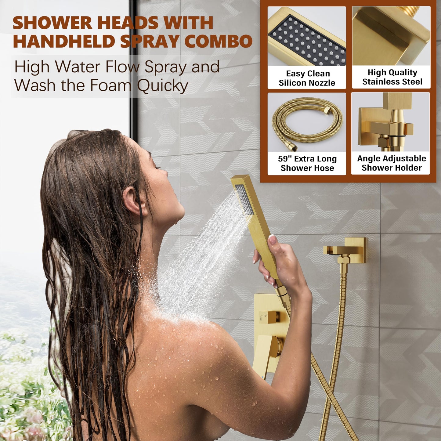Kurpot Gold Shower System, 10'' Square Rainfall Shower Head with Handheld Combo Spray, Bathroom Brushed Gold Shower Faucet Set with Valve, 59'' Shower Hose, Shower Trim Kit and Diverter, Wall Mounted