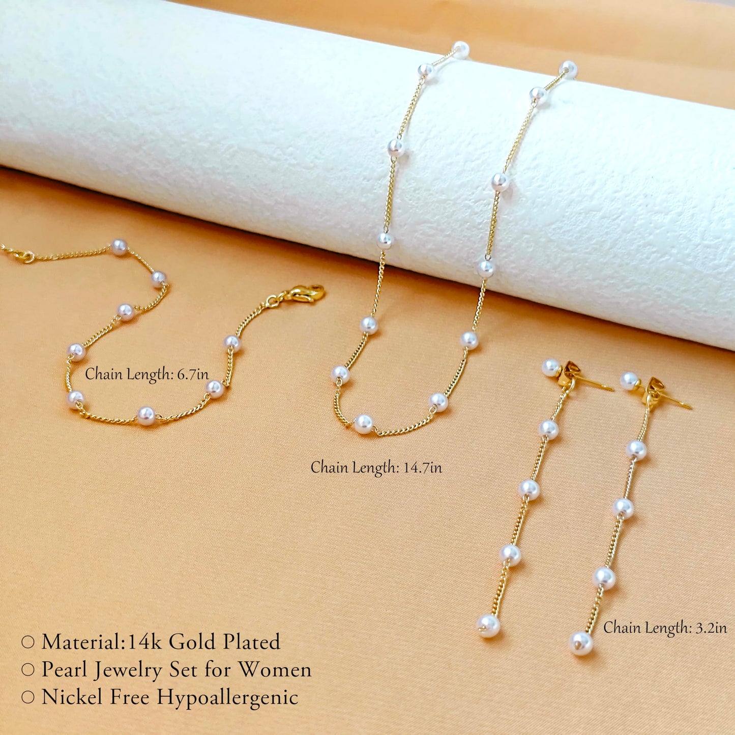 Zeffy Gold Jewelry Set for Women Dainty 14K Gold Plated Pearl Necklace and Earring Set Pearl Drop Earrings Pearls Bracelets Wedding Pearls Jewelry for Brides 3pcs