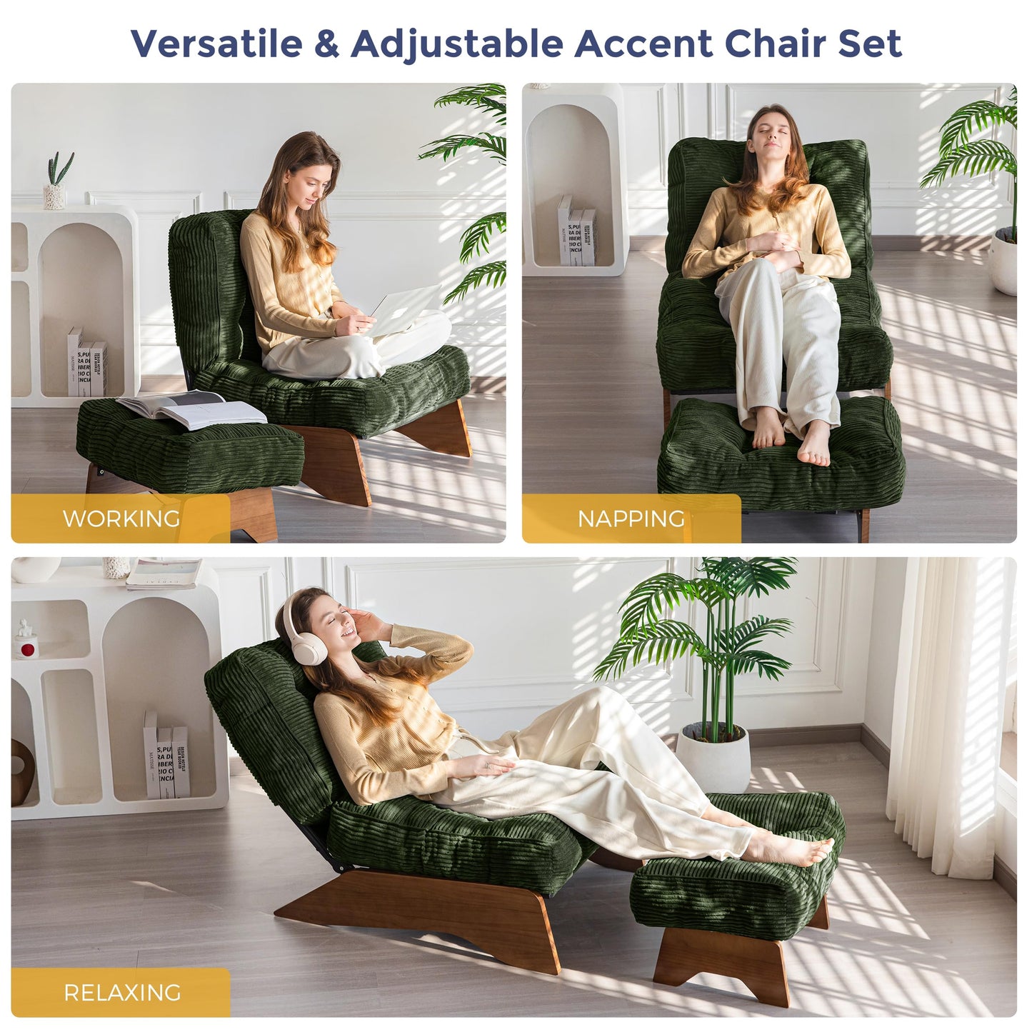 MAXYOYO Accent Chair with Ottoman Adjustable Backrest, Tufted Living Room Chair Upholstered Lounge Chair with Footrest Set, Modern Chair Cozy Reclining Chair for Reading Room, Green