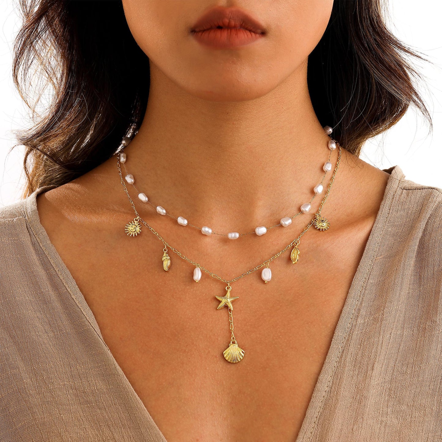 JALZEMPL Shell Charm Necklace For Women Stack Seashell Pearl Dainty Starfish Beach Layered 14k Gold Plated Pendant Summer Boho Jewelry Gifts (Style A)
